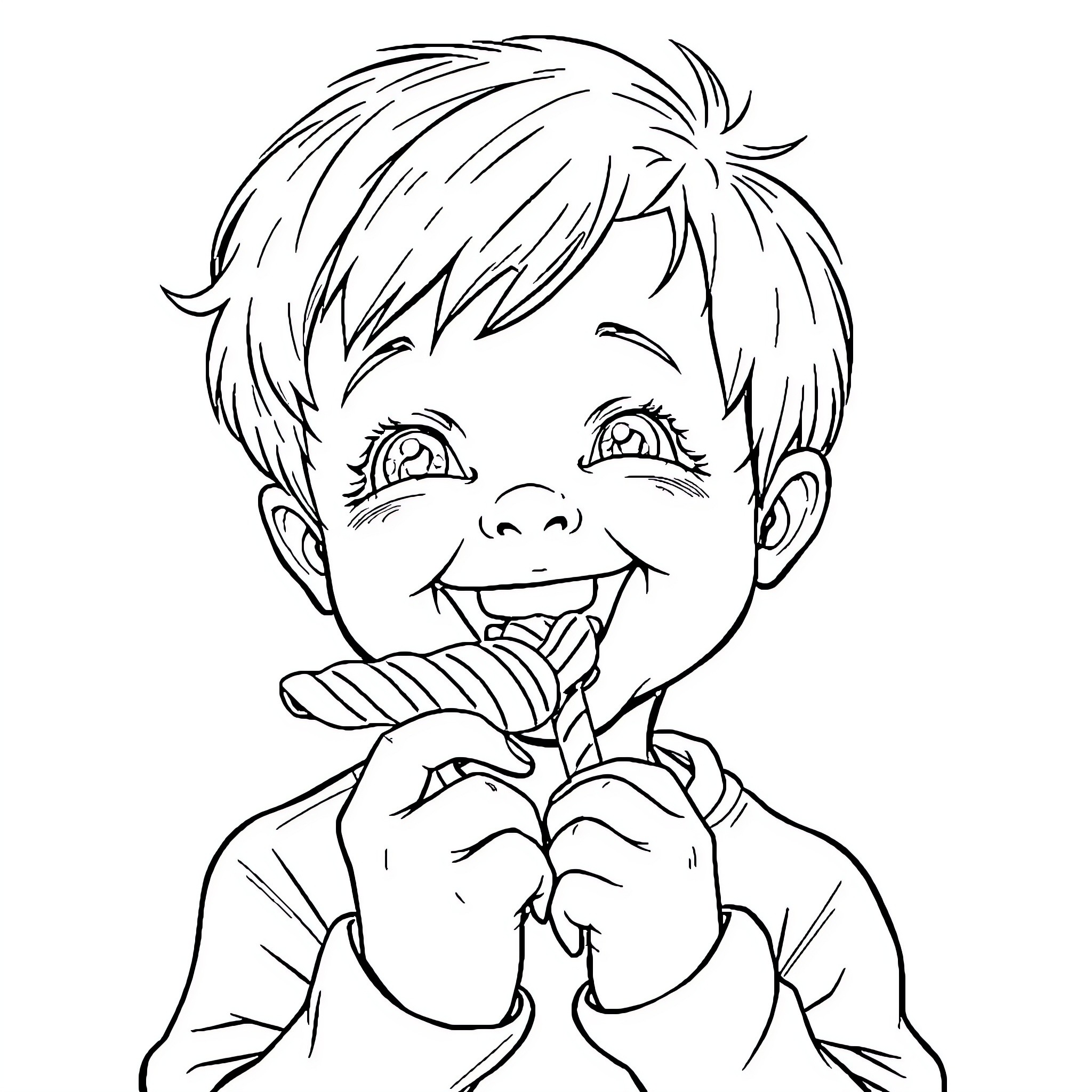 Toddler enjoying a tasty treat Coloring Page (free black-and-white line drawing printable PDF for all, from beginners to advanced learners, including children, teens, adults, and seniors)