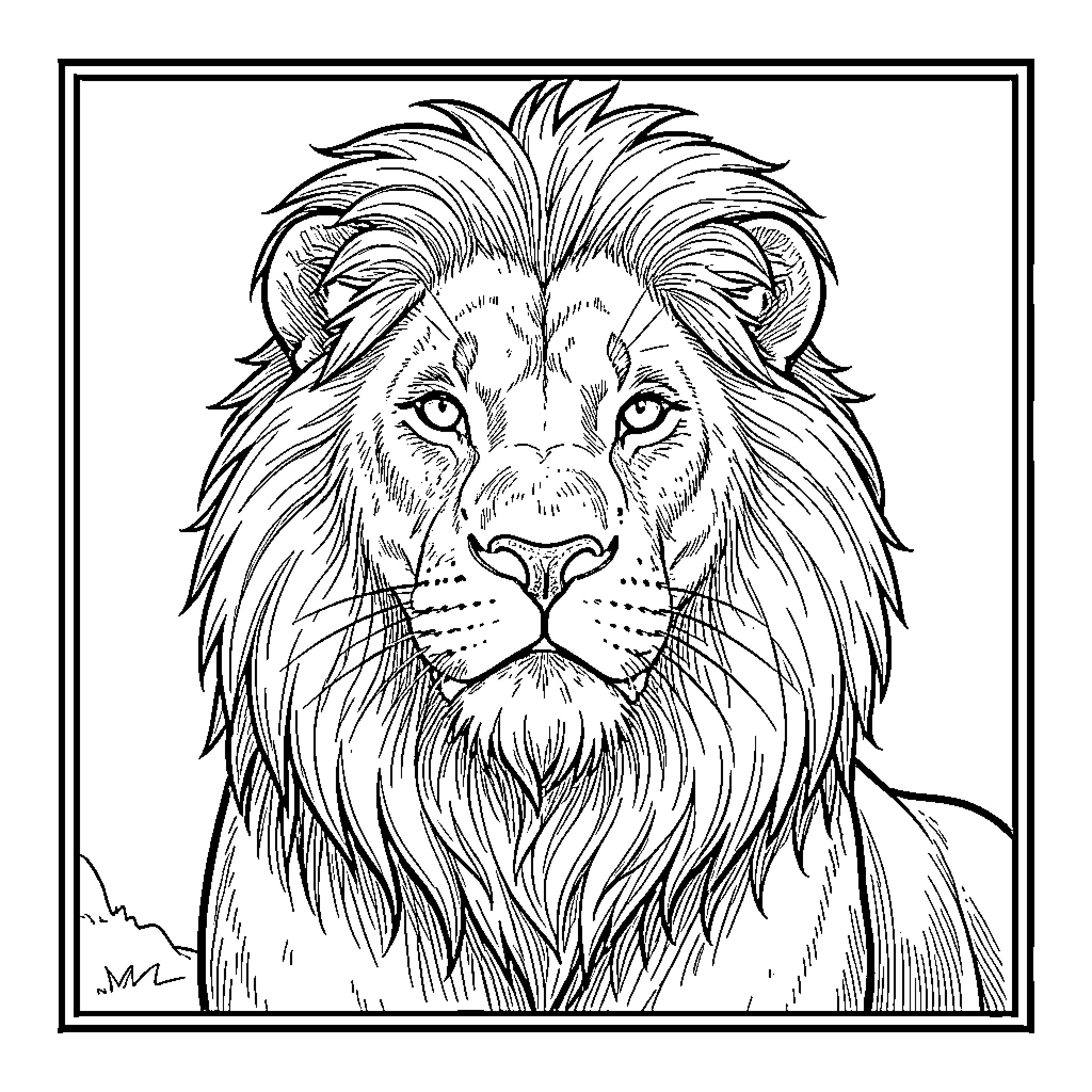 Lion staring forward with a majestic expression Coloring Page (free black-and-white line drawing printable PDF for all, from beginners to advanced learners, including children, teens, adults, and seniors)