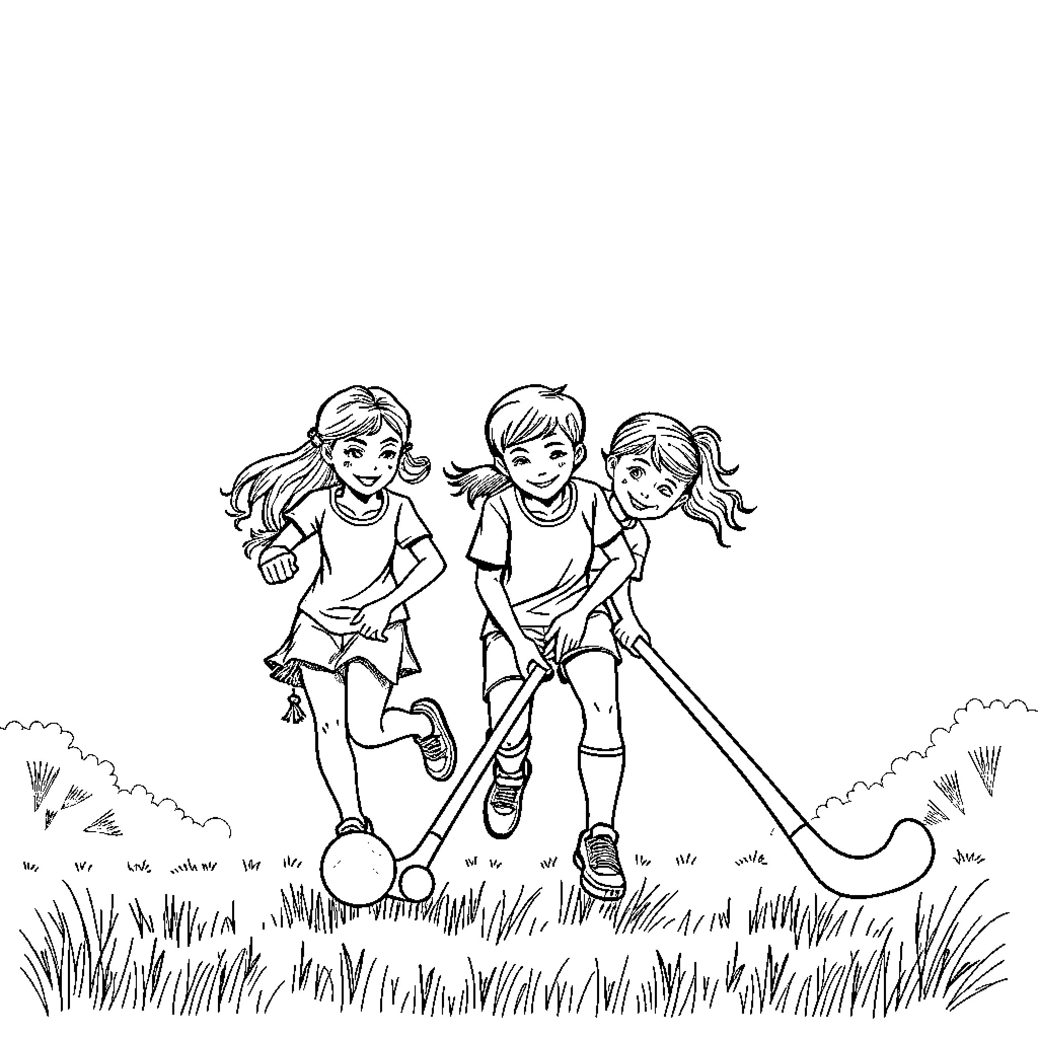Sibling Siblings Enjoy Playing Field Hockey Together Coloring Page (free black-and-white line drawing printable PDF for all, from beginners to advanced learners, including children, teens, adults, and seniors)