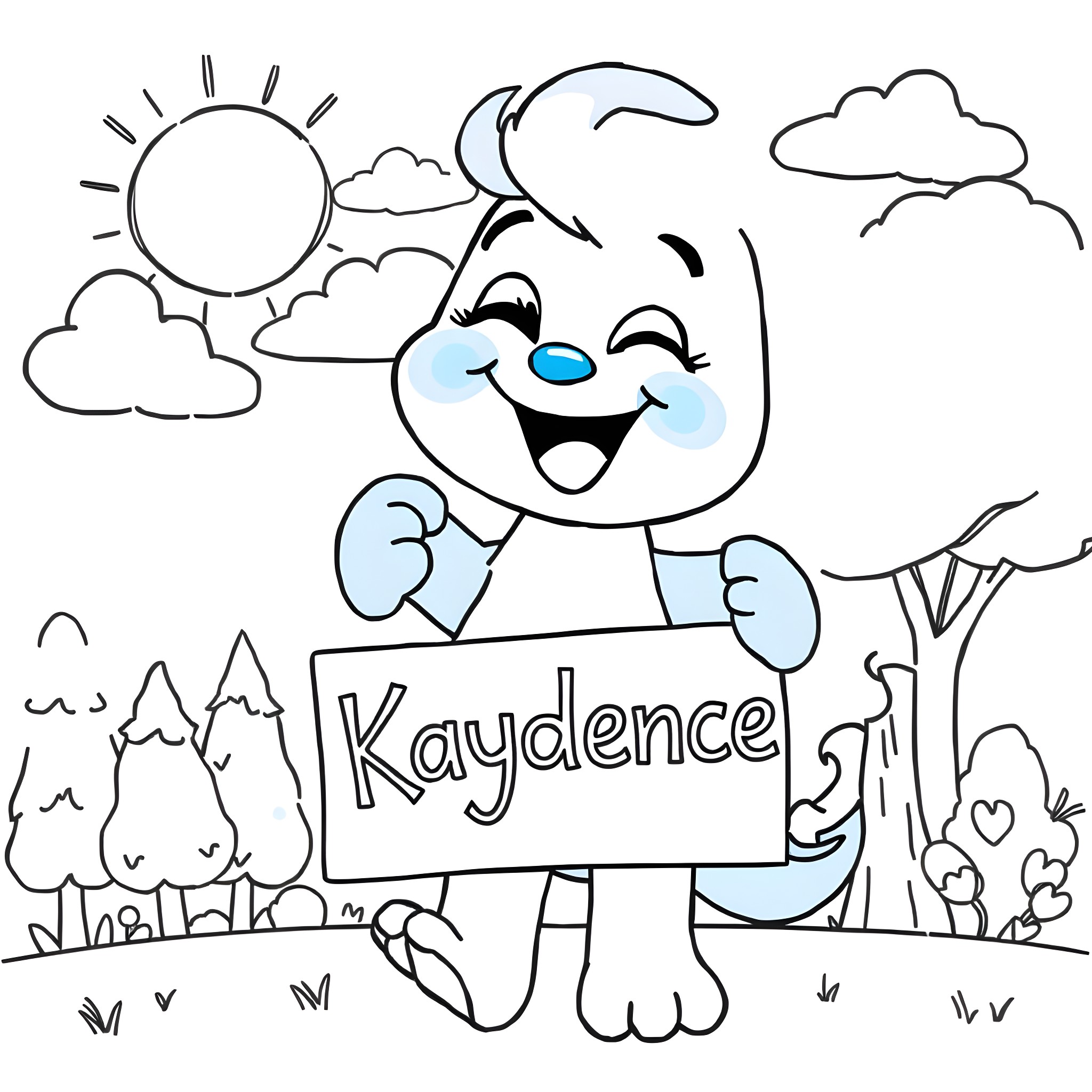 Bluey celebrating in a scenic outdoor setting Coloring Page (free black-and-white line drawing printable PDF for all, from beginners to advanced learners, including children, teens, adults, and seniors)