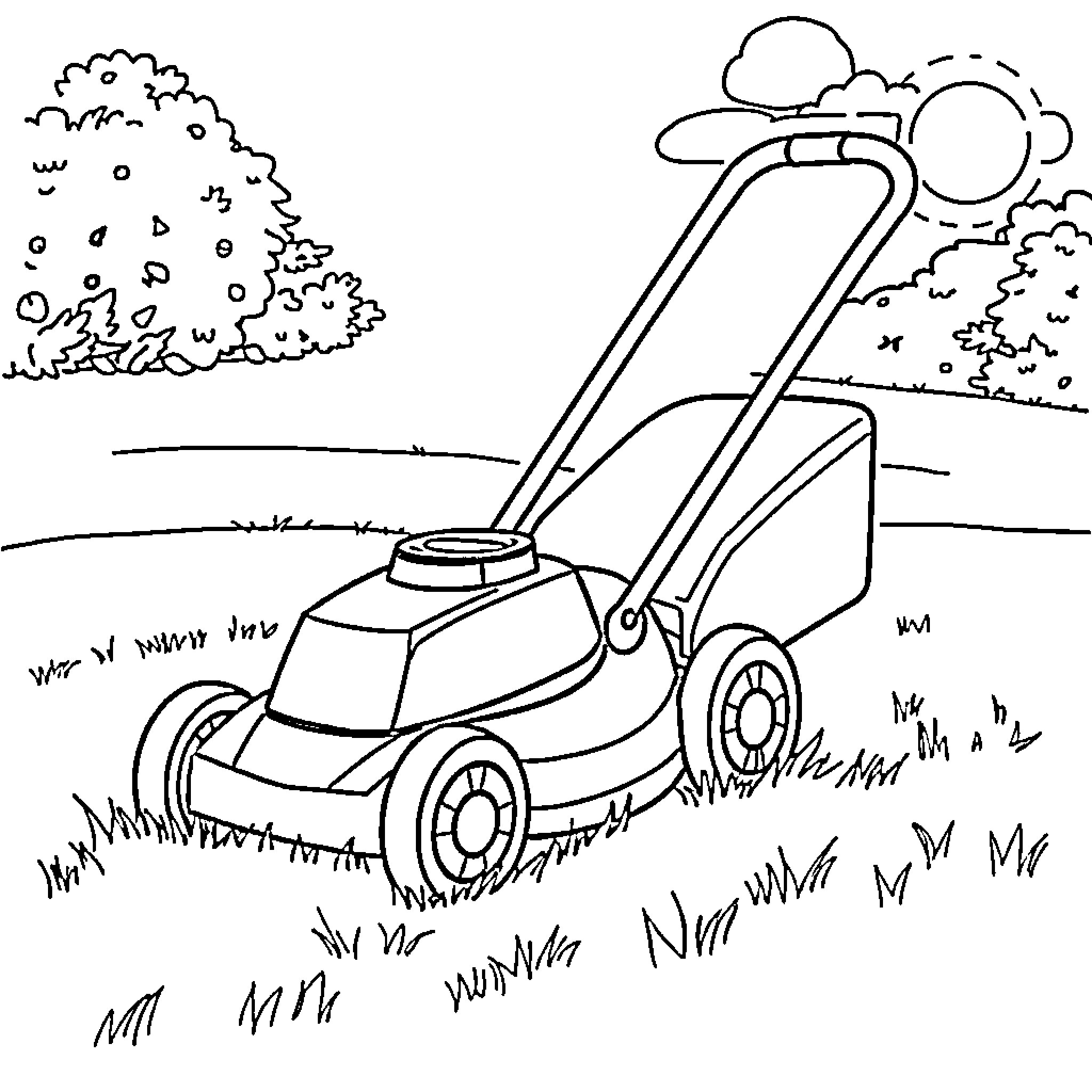 Lawnmower working in the yard Coloring Page (free black-and-white line drawing printable PDF for all, from beginners to advanced learners, including children, teens, adults, and seniors)