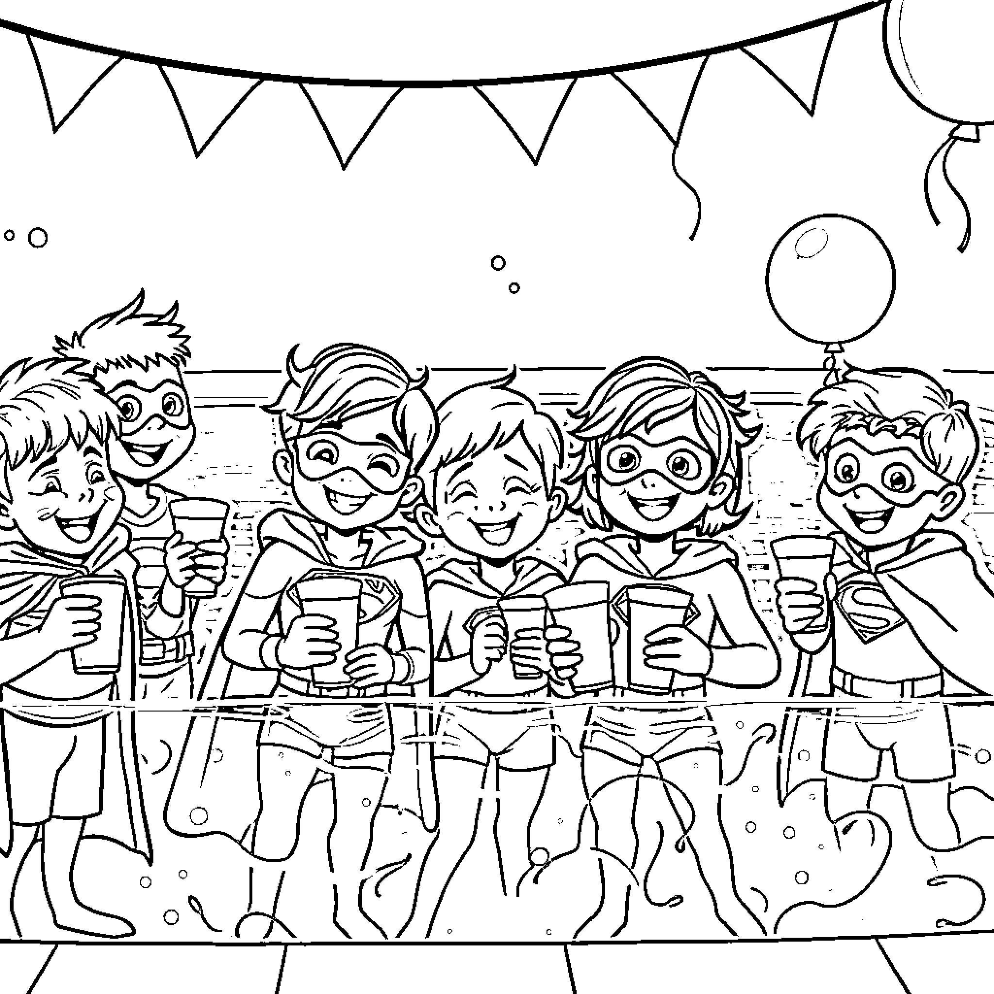 Kid's Cheerful Birthday Celebration Coloring Page (free black-and-white line drawing printable PDF for all, from beginners to advanced learners, including children, teens, adults, and seniors)