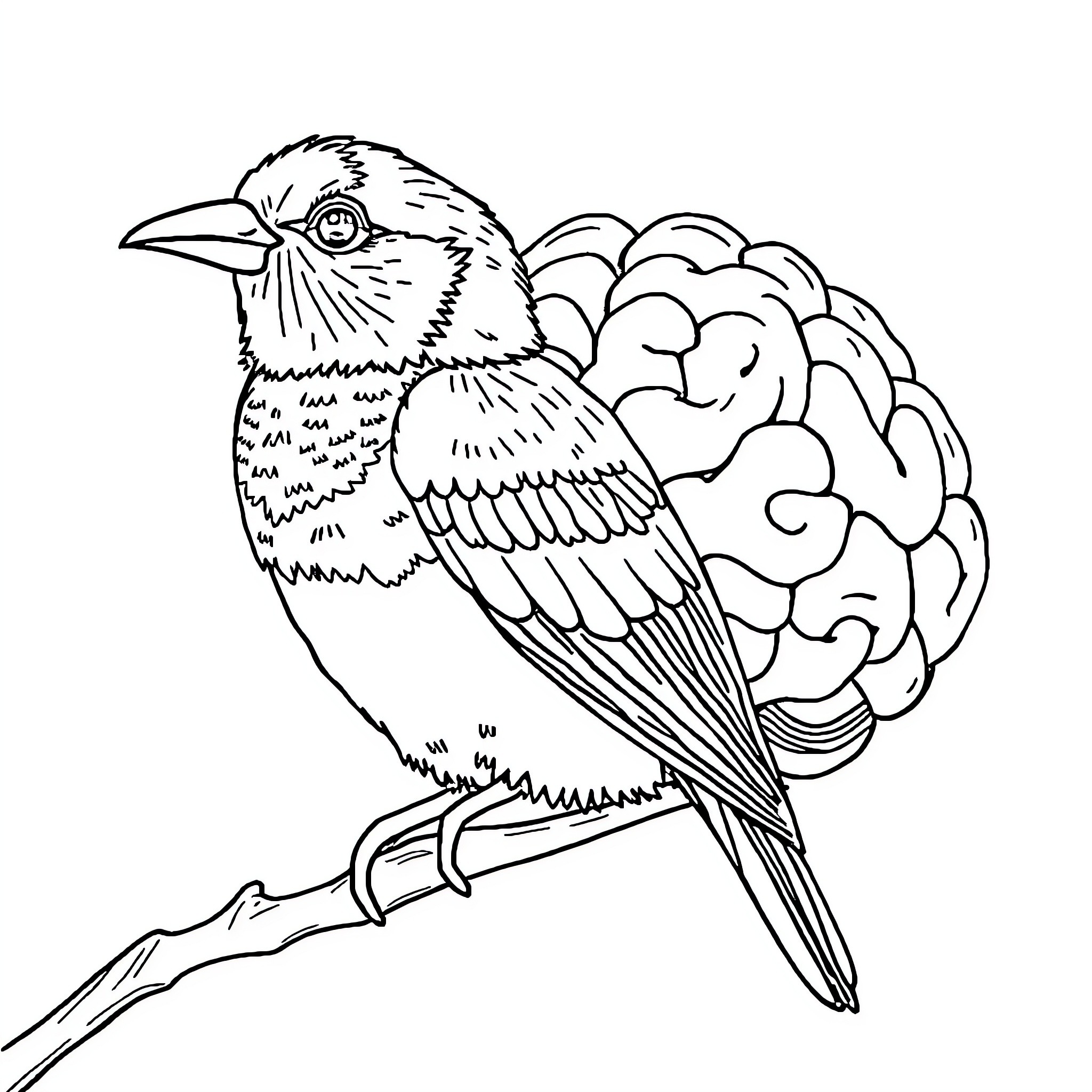 Bird with ornate feathers perched on branch Coloring Page (free black-and-white line drawing printable PDF for all, from beginners to advanced learners, including children, teens, adults, and seniors)