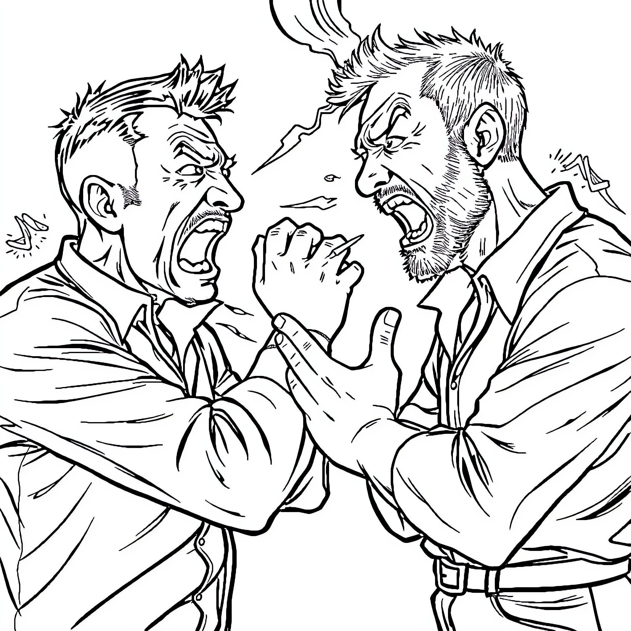 Homosexual men in heated confrontation Coloring Page (free black-and-white line drawing printable PDF for all, from beginners to advanced learners, including children, teens, adults, and seniors)