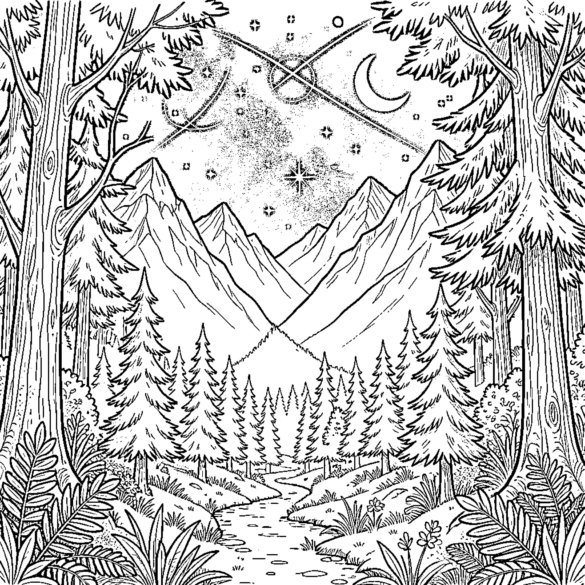 Bosque of Enchanting Mountain Scenery Coloring Page (free black-and-white line drawing printable PDF for all, from beginners to advanced learners, including children, teens, adults, and seniors)