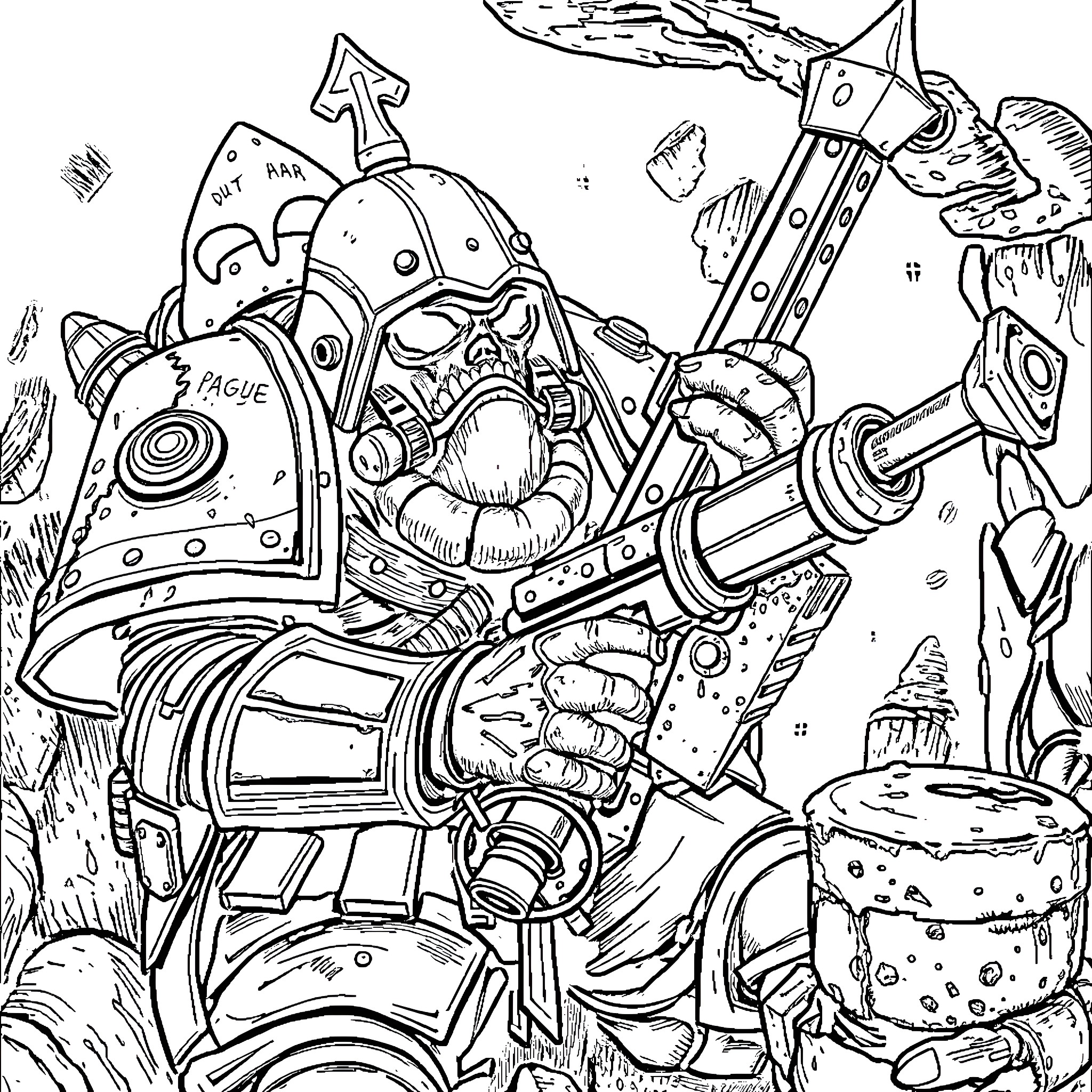 Plague Marine Unleashing Destructive Fury in Battle Coloring Page (free black-and-white line drawing printable PDF for all, from beginners to advanced learners, including children, teens, adults, and seniors)