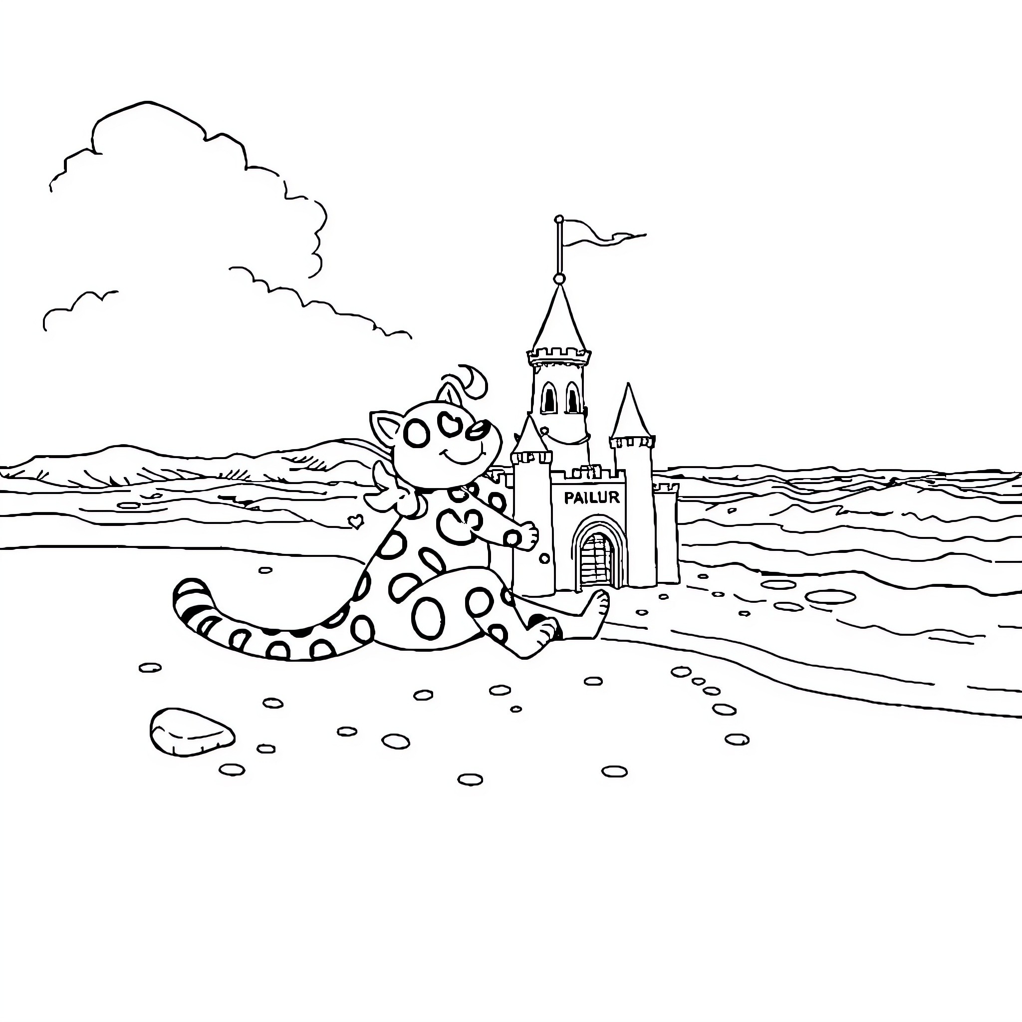 Paw Patrol Puppy Playing at Castle Beach Coloring Page (free black-and-white line drawing printable PDF for all, from beginners to advanced learners, including children, teens, adults, and seniors)