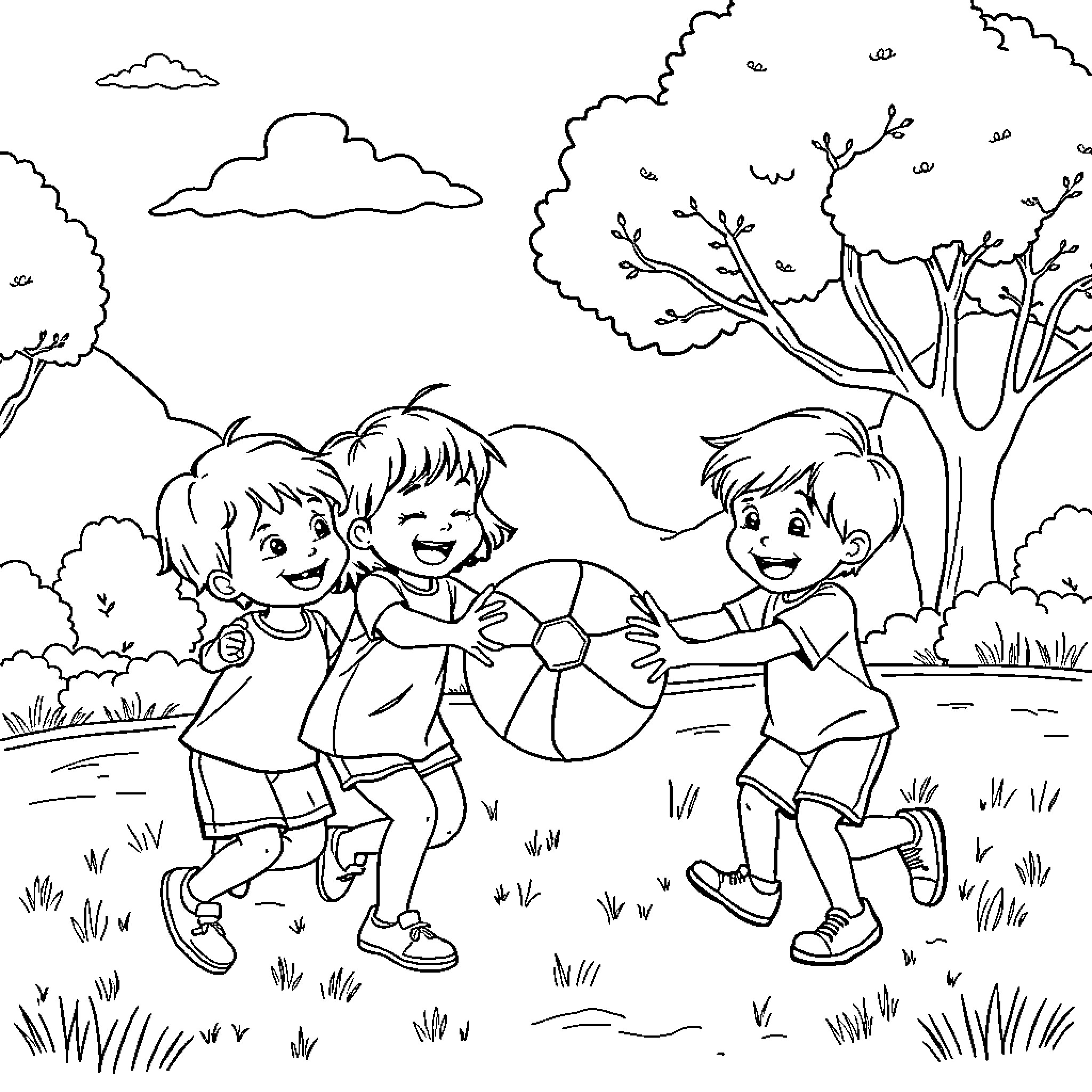 Child playing happily with friends in nature Coloring Page (free black-and-white line drawing printable PDF for all, from beginners to advanced learners, including children, teens, adults, and seniors)