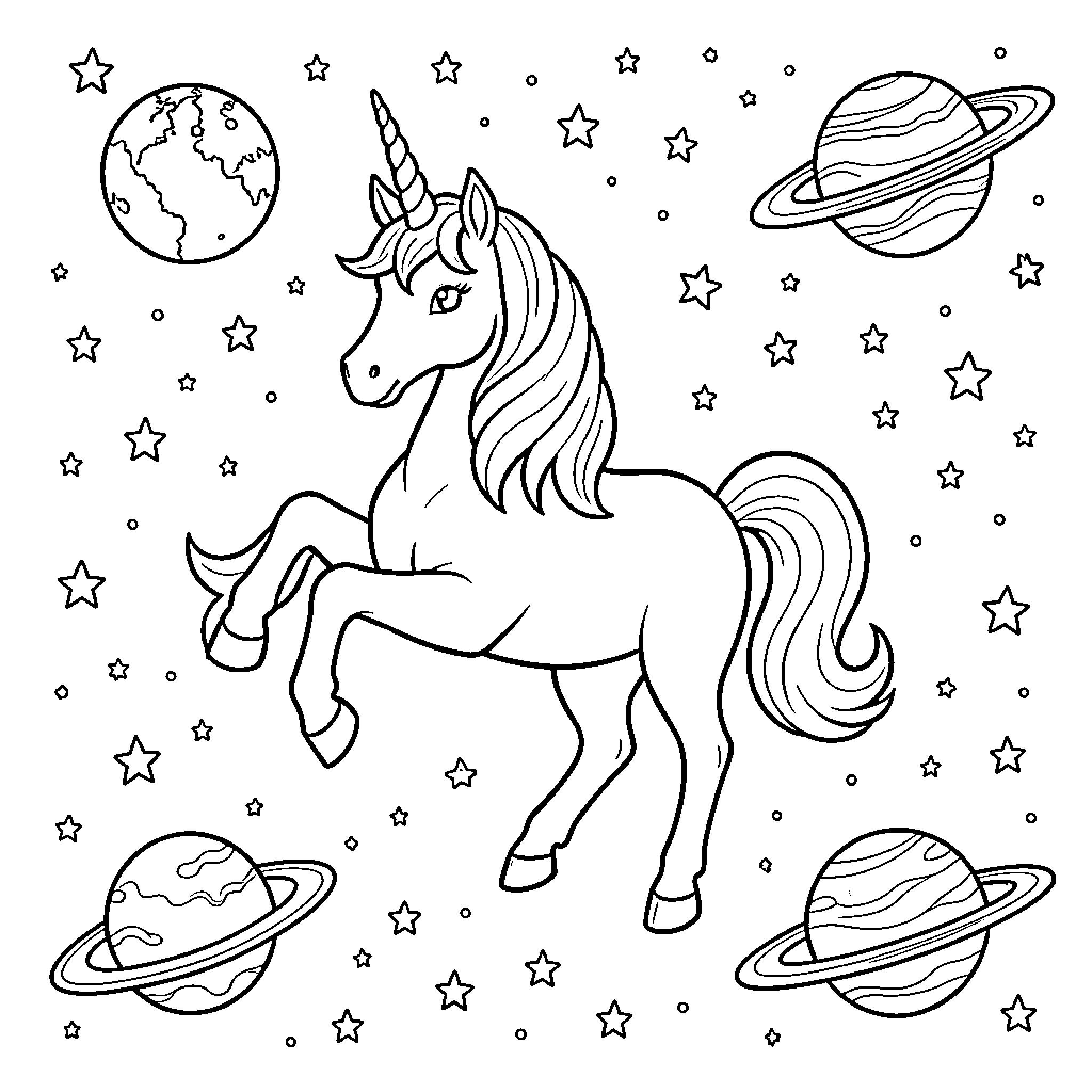 Unicorn leaping joyfully through a starry space scene Coloring Page (free black-and-white line drawing printable PDF for all, from beginners to advanced learners, including children, teens, adults, and seniors)