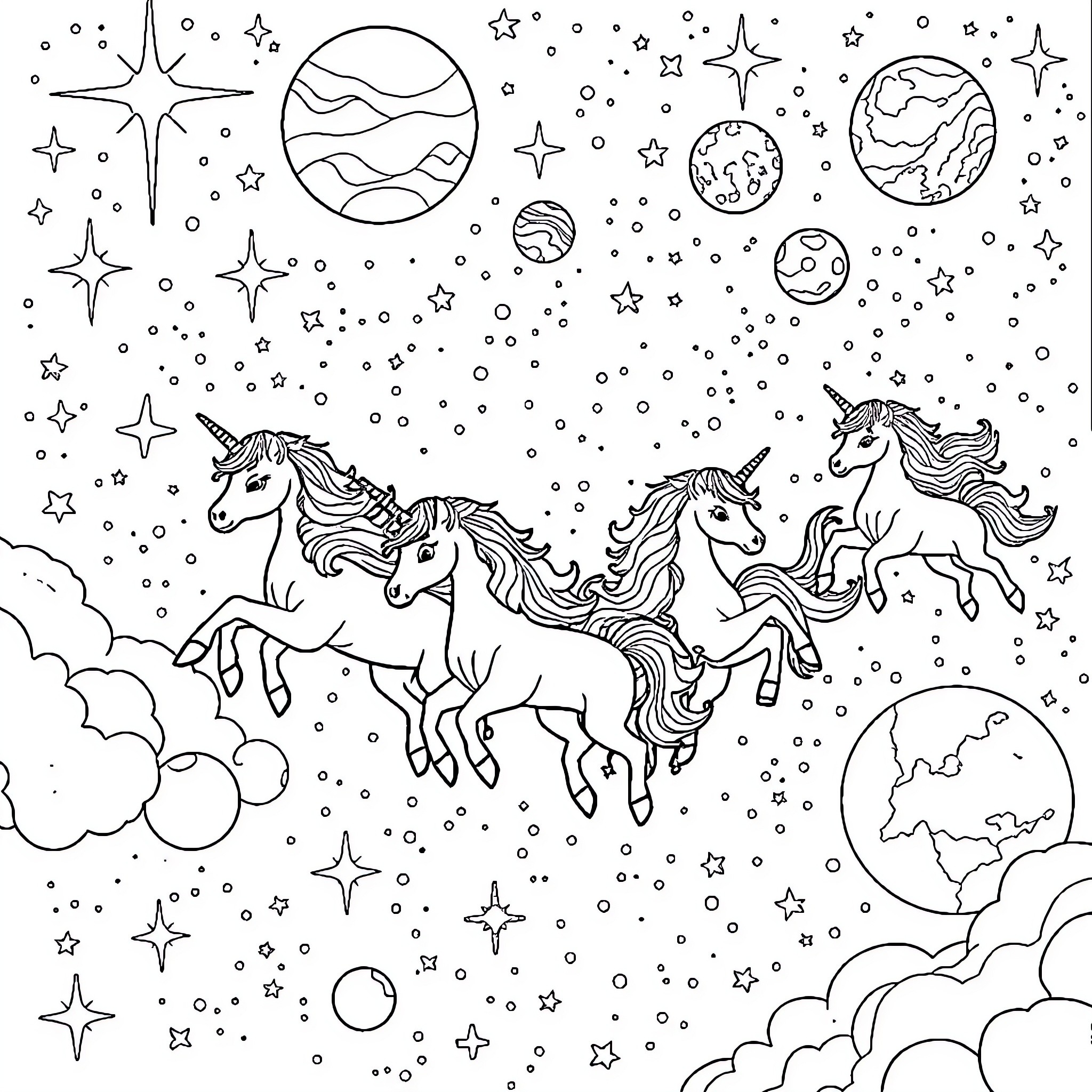 Unicorn Herd Galloping through Starry Cosmos Coloring Page (free black-and-white line drawing printable PDF for all, from beginners to advanced learners, including children, teens, adults, and seniors)