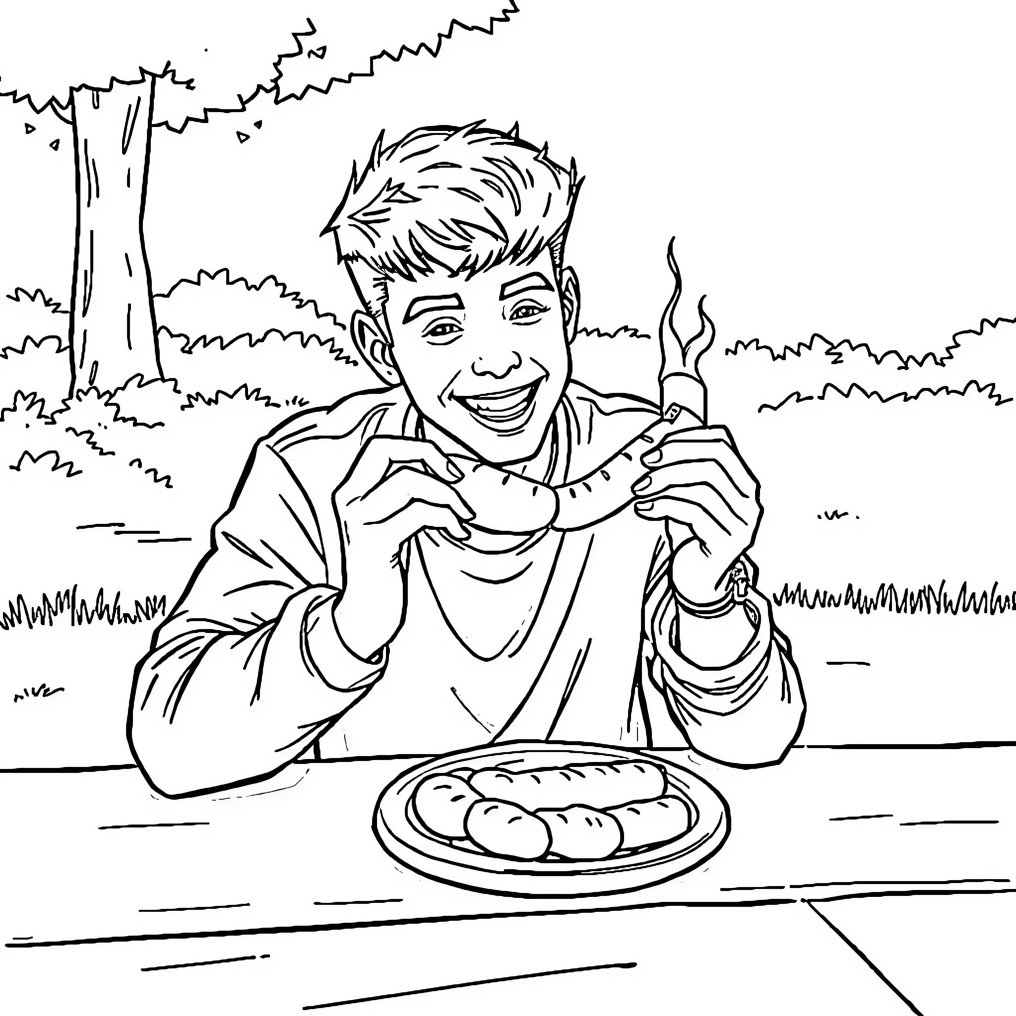 Justin Bieber enjoying a delicious meal outdoors Coloring Page (free black-and-white line drawing printable PDF for all, from beginners to advanced learners, including children, teens, adults, and seniors)