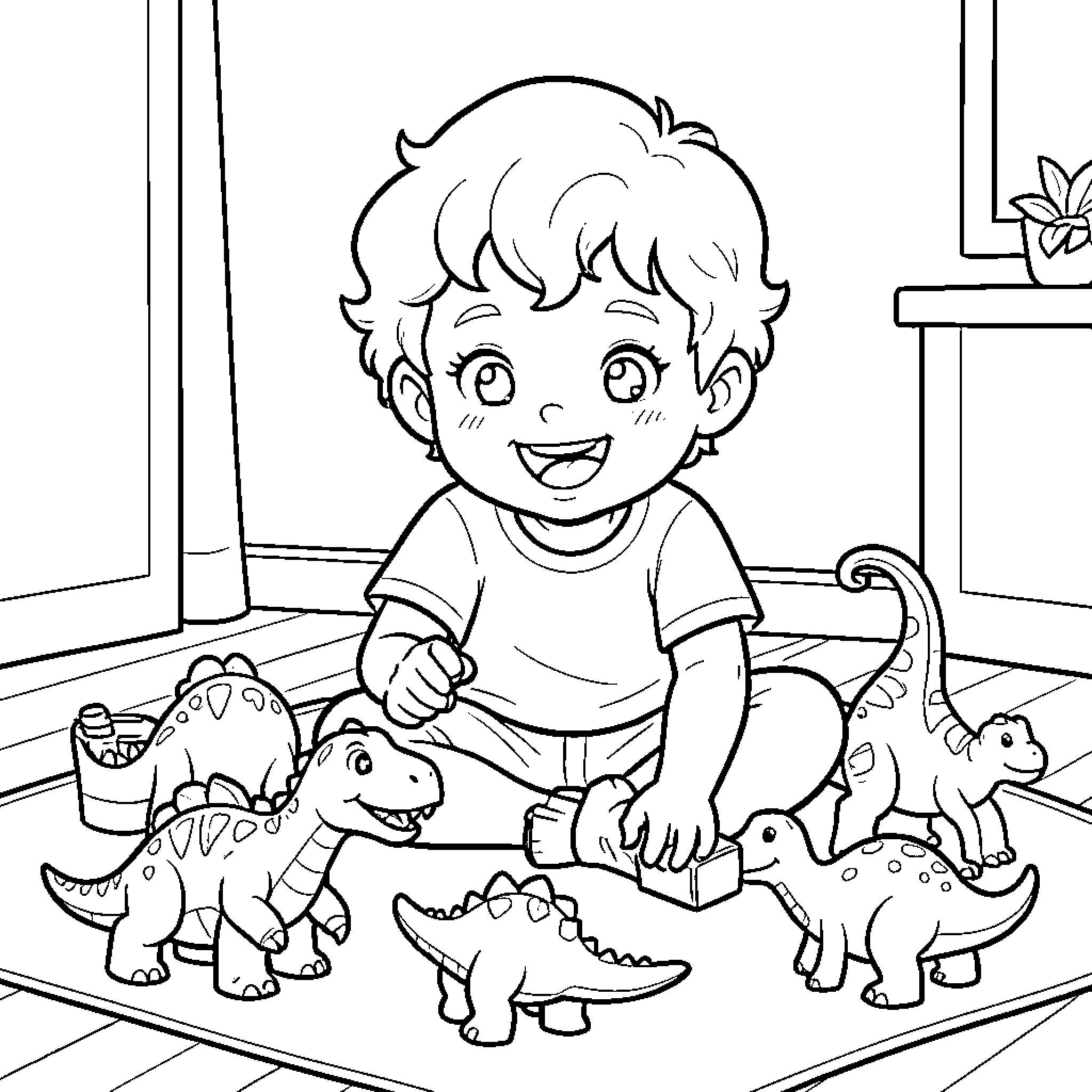 Boy playing happily with dinosaur toys at home Coloring Page (free black-and-white line drawing printable PDF for all, from beginners to advanced learners, including children, teens, adults, and seniors)