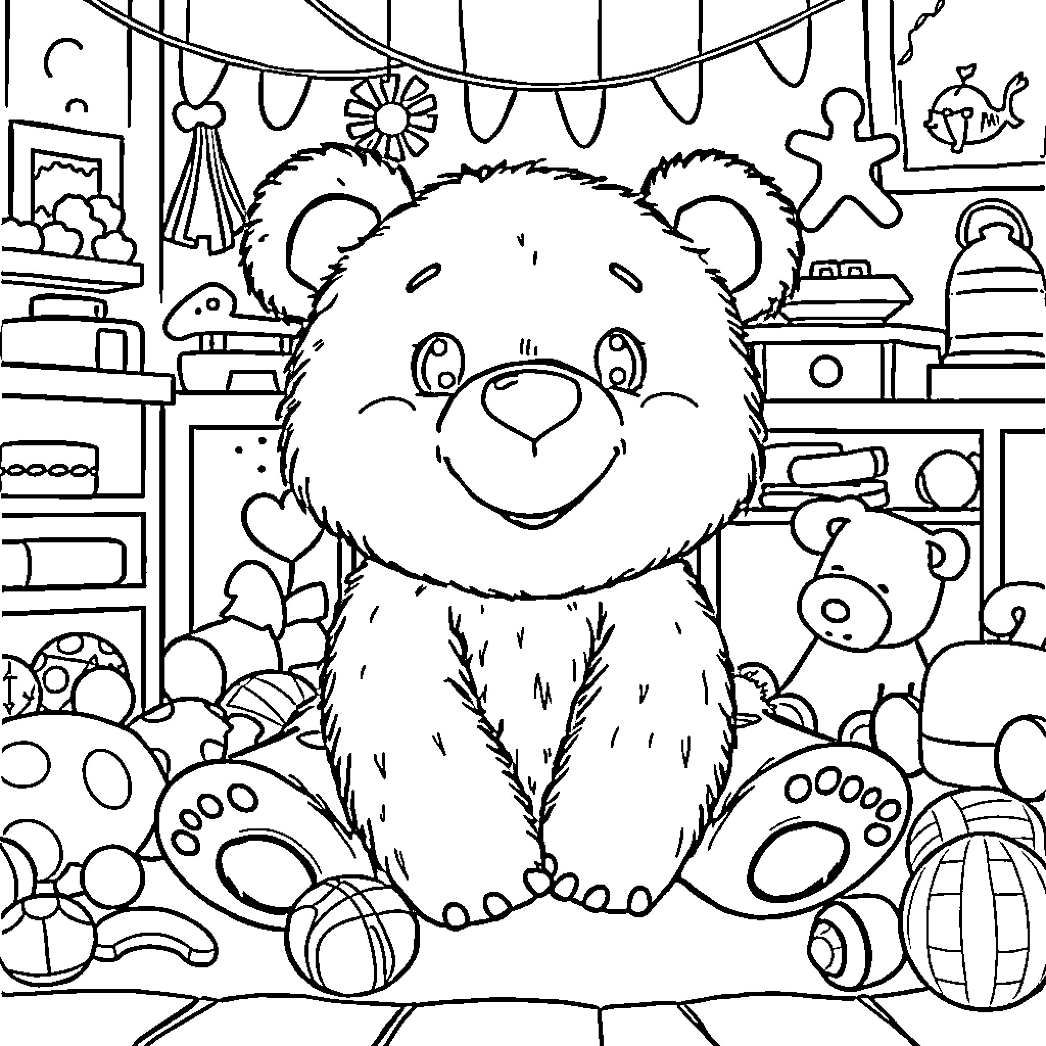 Brown Bear in a Playful Toy Room Coloring Page (free black-and-white line drawing printable PDF for all, from beginners to advanced learners, including children, teens, adults, and seniors)