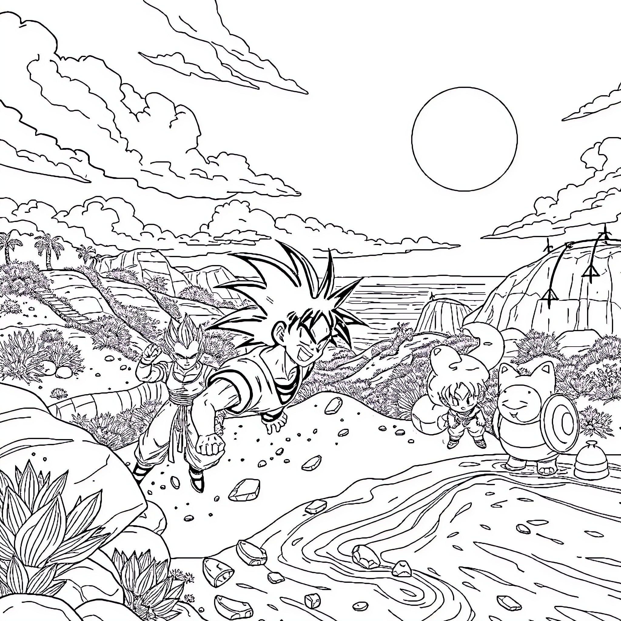 Dragon Ball characters in a tropical landscape Coloring Page (free black-and-white line drawing printable PDF for all, from beginners to advanced learners, including children, teens, adults, and seniors)
