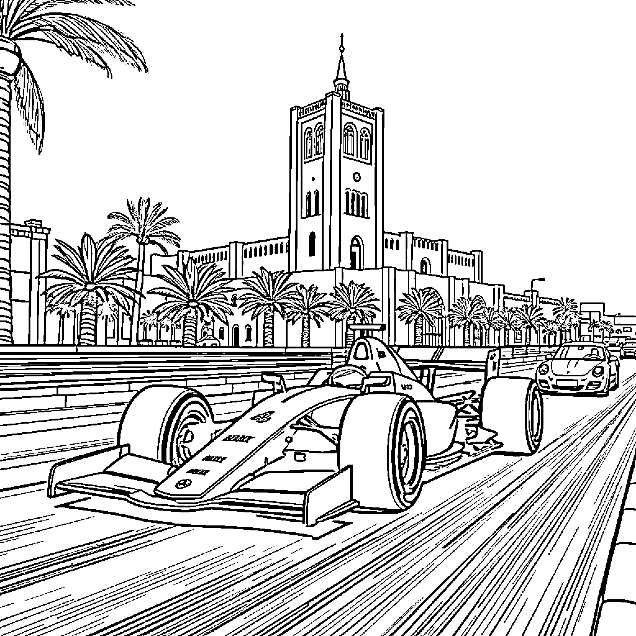 Formula One Car Racing Through City Street Coloring Page (free black-and-white line drawing printable PDF for all, from beginners to advanced learners, including children, teens, adults, and seniors)