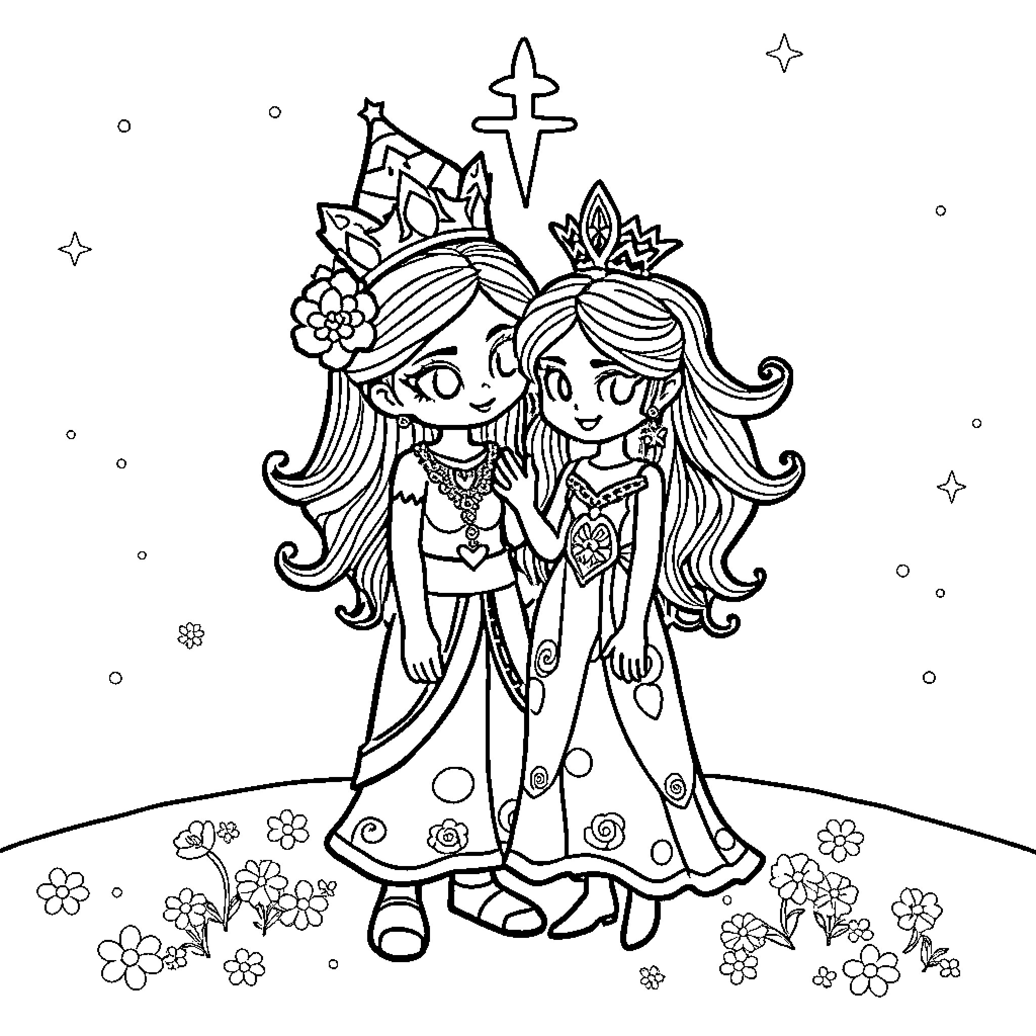Bobbi and her magical friend explore the enchanted garden Coloring Page (free black-and-white line drawing printable PDF for all, from beginners to advanced learners, including children, teens, adults, and seniors)