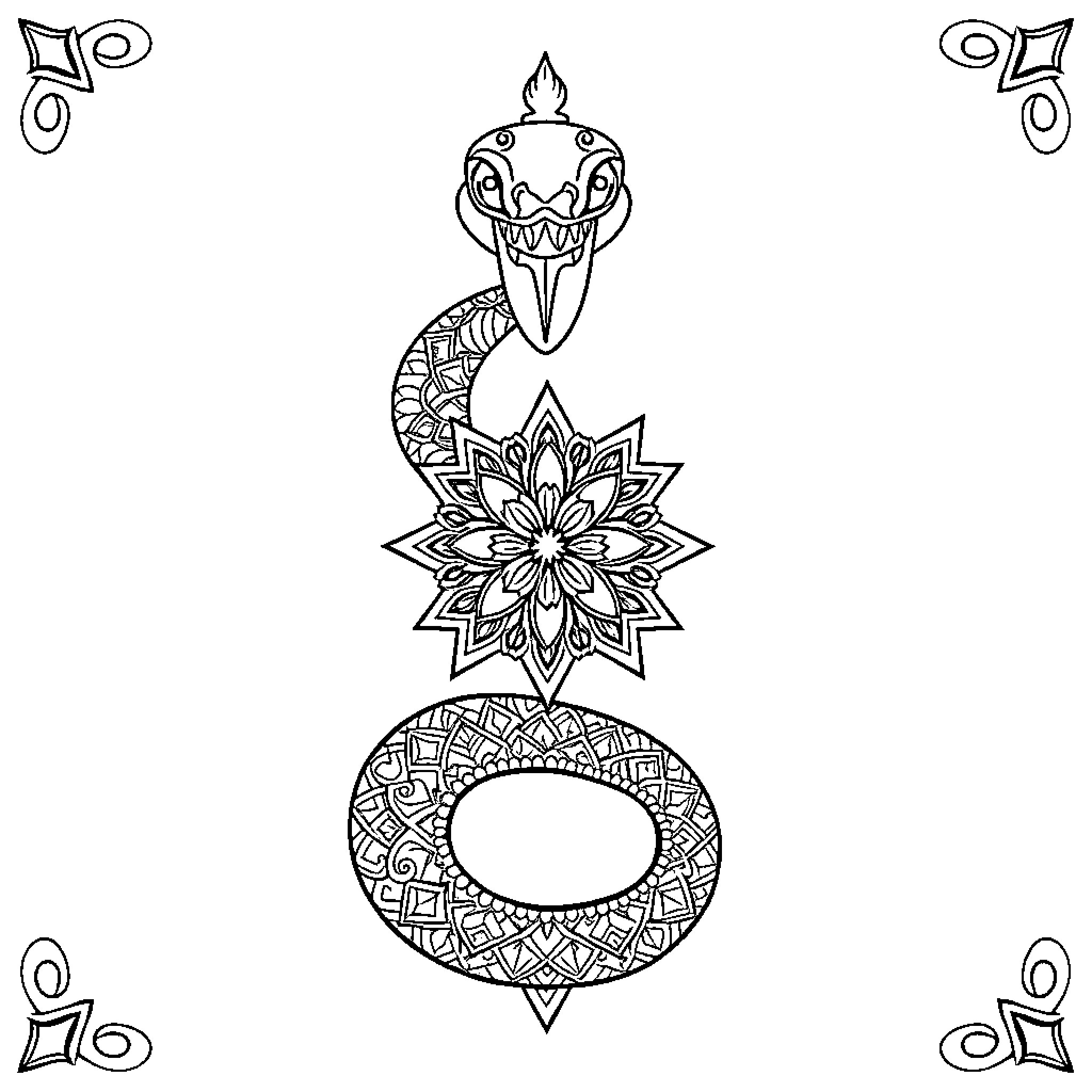 Snake coiled around floral mandala pattern Coloring Page (free black-and-white line drawing printable PDF for all, from beginners to advanced learners, including children, teens, adults, and seniors)