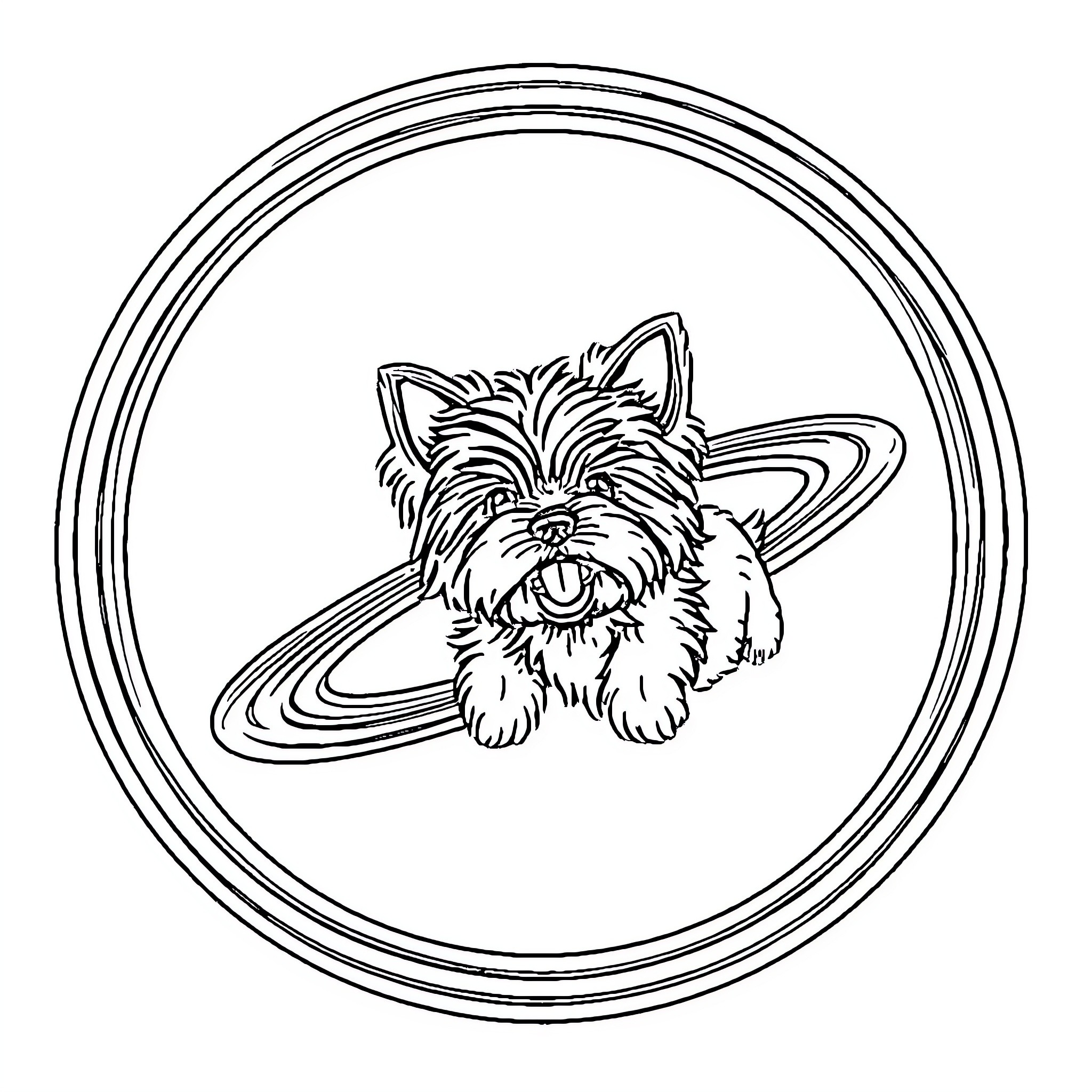 Yorky puppy playing joyfully in a frame Coloring Page (free black-and-white line drawing printable PDF for all, from beginners to advanced learners, including children, teens, adults, and seniors)