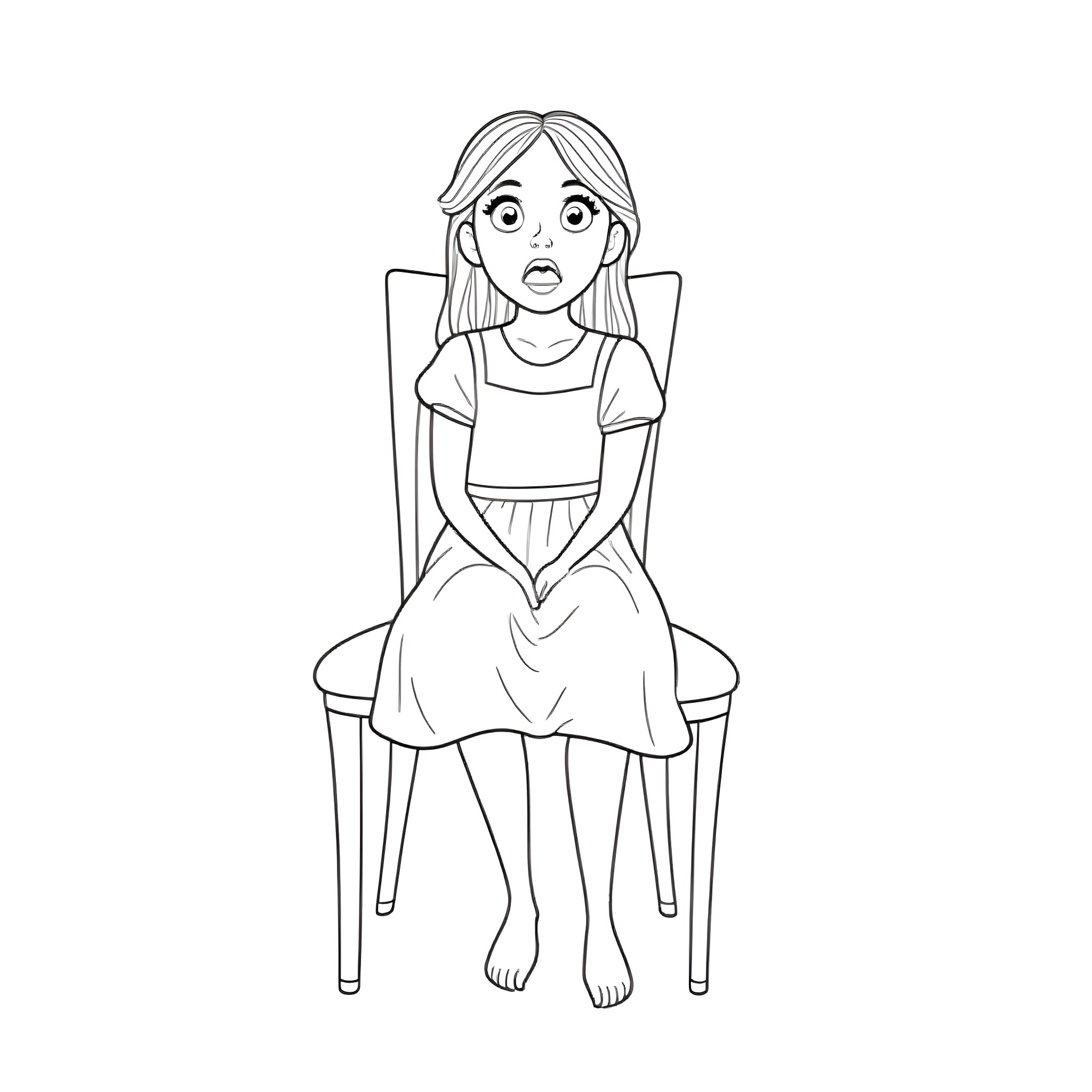 Girl sitting thoughtfully in a chair Coloring Page (free black-and-white line drawing printable PDF for all, from beginners to advanced learners, including children, teens, adults, and seniors)
