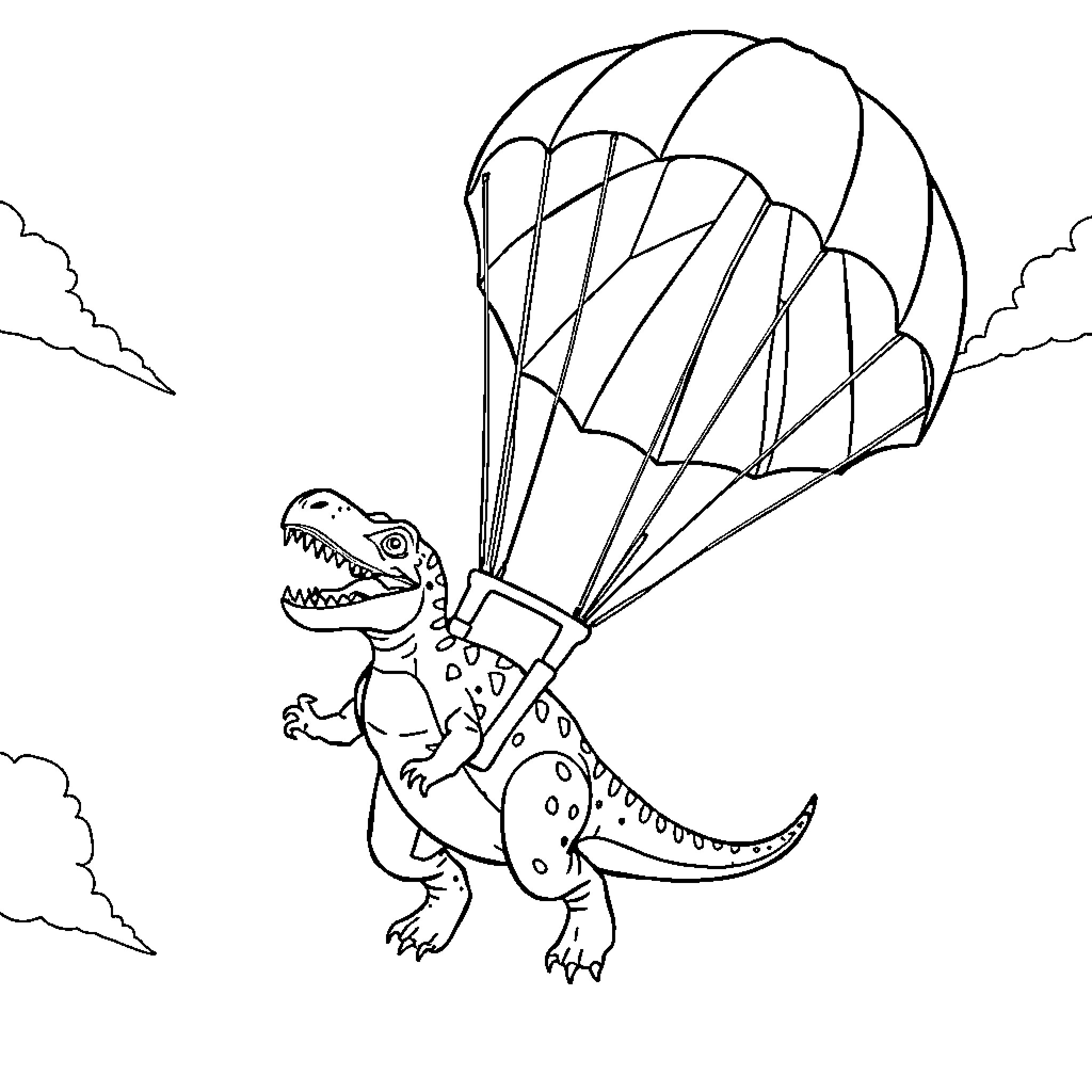 Dinosaur parachuting through the sky Coloring Page (free black-and-white line drawing printable PDF for all, from beginners to advanced learners, including children, teens, adults, and seniors)
