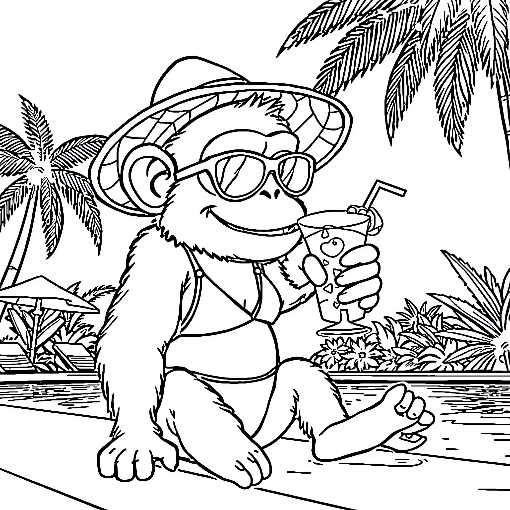 Monkey enjoying a tropical vacation Coloring Page (free black-and-white line drawing printable PDF for all, from beginners to advanced learners, including children, teens, adults, and seniors)