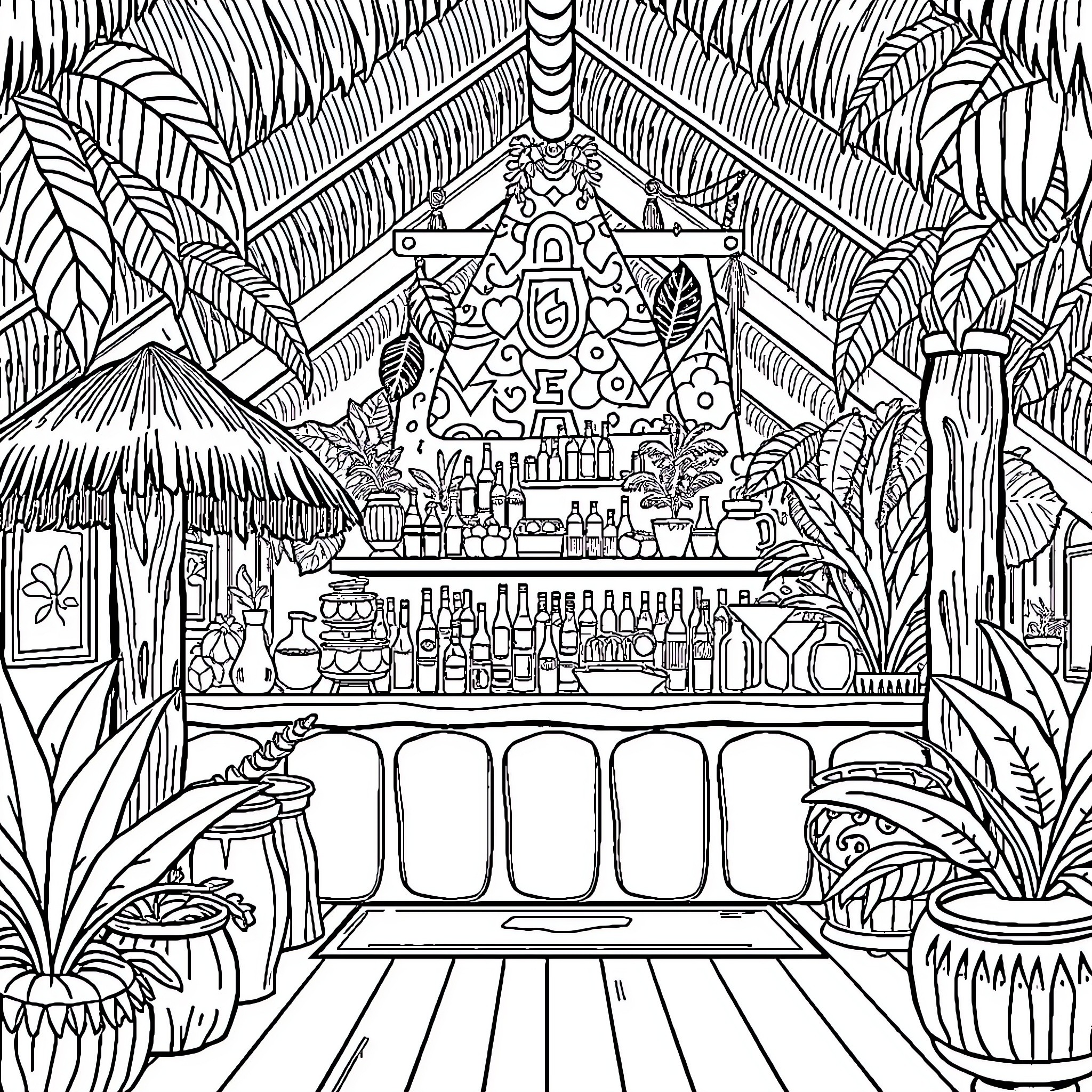 Tiki Bar with Tropical Decor and Drinks Coloring Page (free black-and-white line drawing printable PDF for all, from beginners to advanced learners, including children, teens, adults, and seniors)