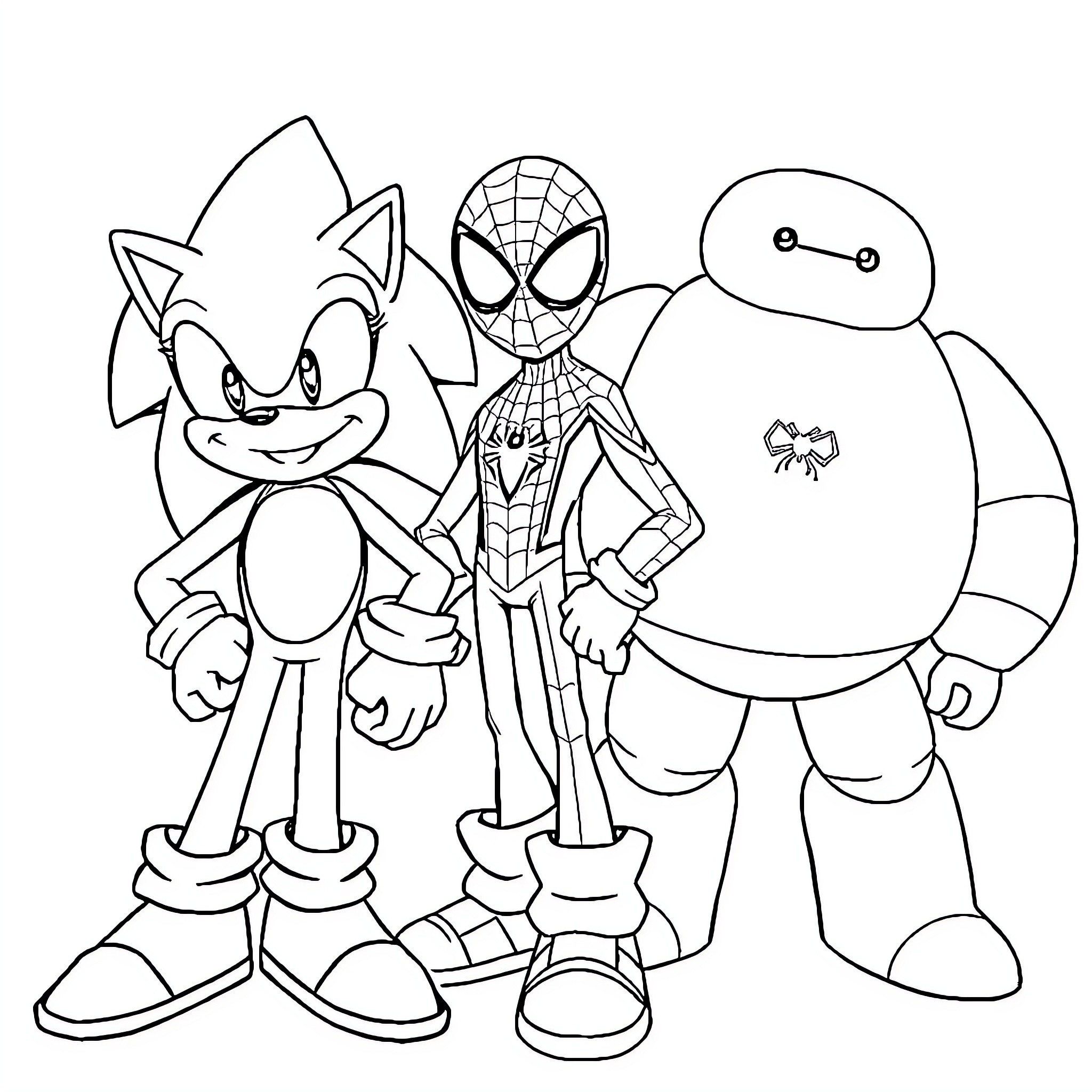 Sonic, Spider-Man and Baymax in Playful Poses Coloring Page (free black-and-white line drawing printable PDF for all, from beginners to advanced learners, including children, teens, adults, and seniors)
