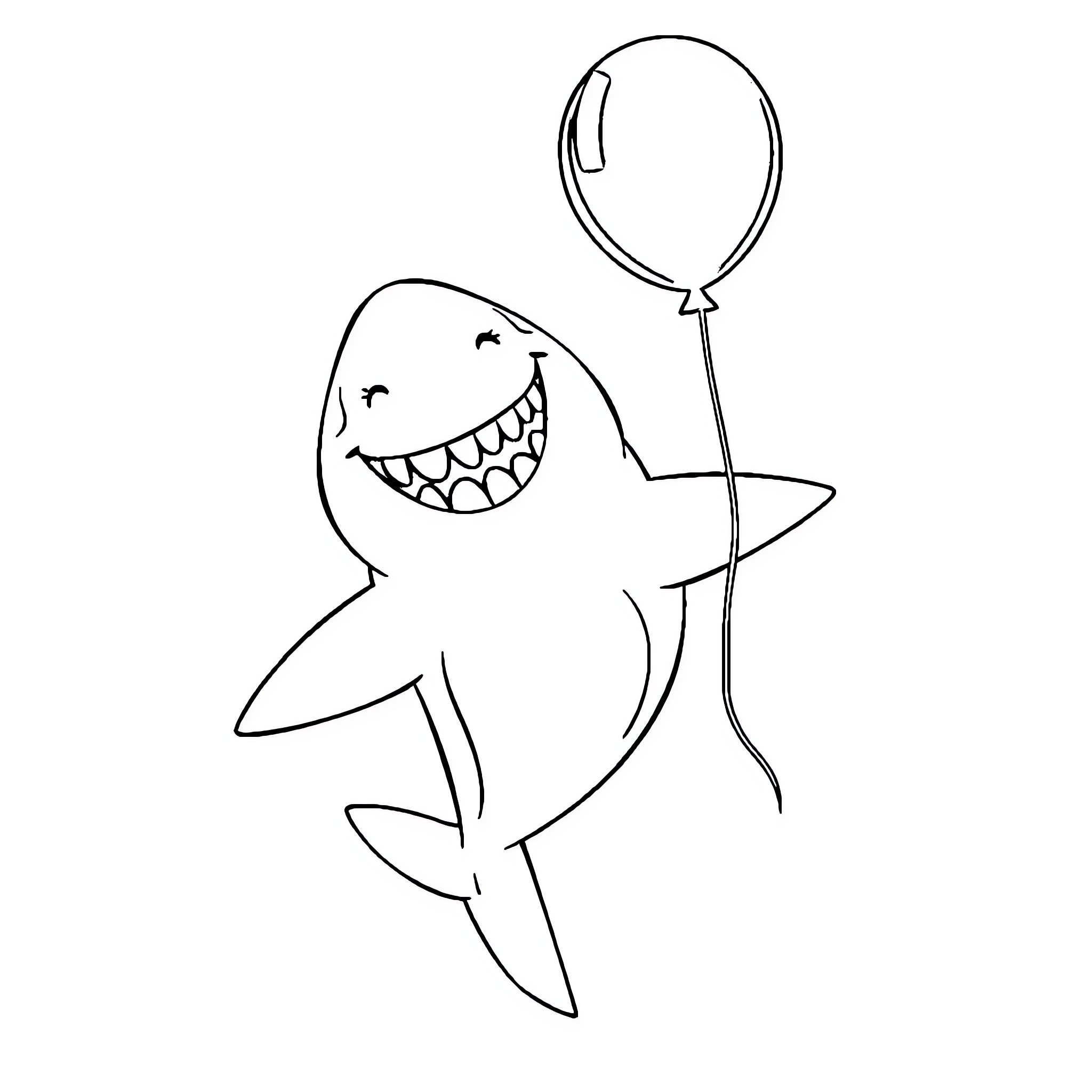 Shark holding a balloon and smiling Coloring Page (free black-and-white line drawing printable PDF for all, from beginners to advanced learners, including children, teens, adults, and seniors)