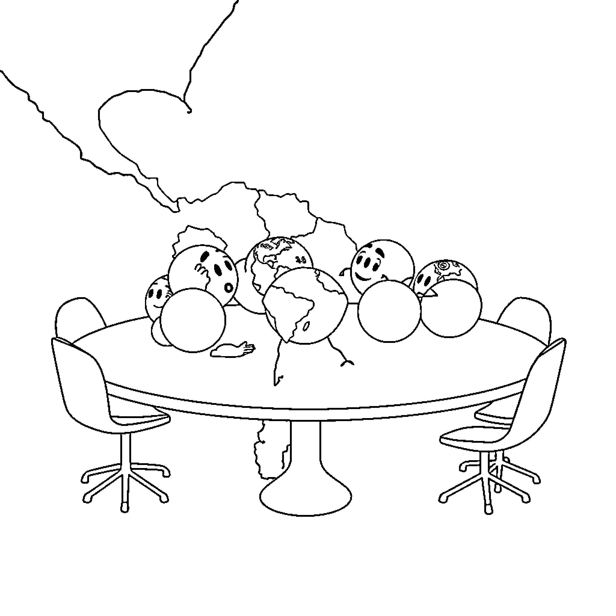 Countryball characters discussing around a table Coloring Page (free black-and-white line drawing printable PDF for all, from beginners to advanced learners, including children, teens, adults, and seniors)