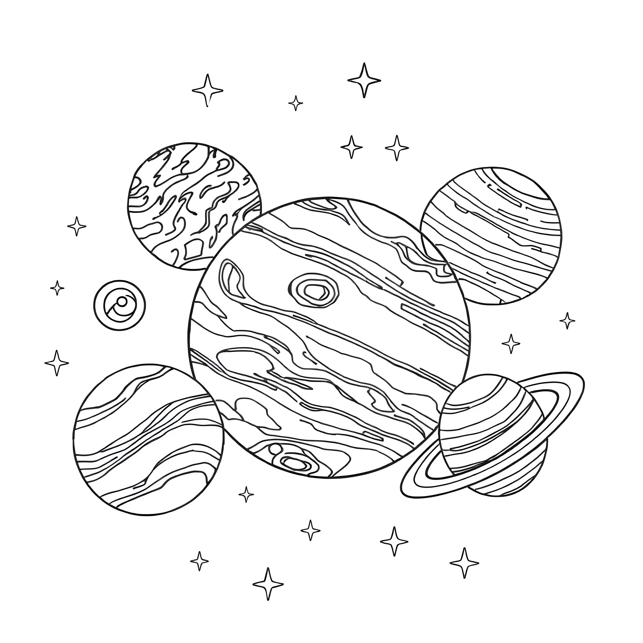 Planet with swirling cosmic patterns and stars Coloring Page (free black-and-white line drawing printable PDF for all, from beginners to advanced learners, including children, teens, adults, and seniors)