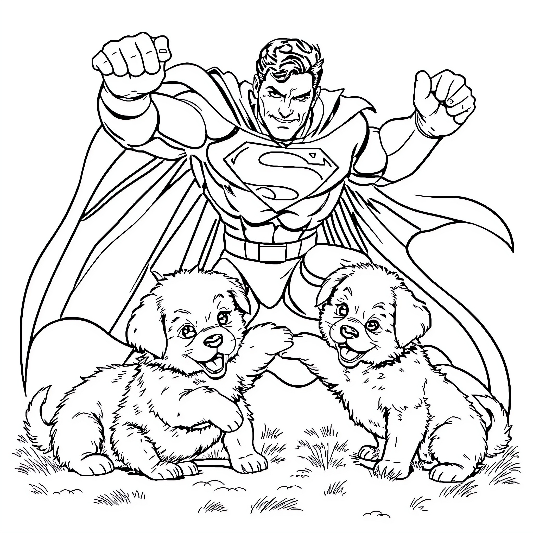 Superman saving adorable puppies in the park Coloring Page (free black-and-white line drawing printable PDF for all, from beginners to advanced learners, including children, teens, adults, and seniors)