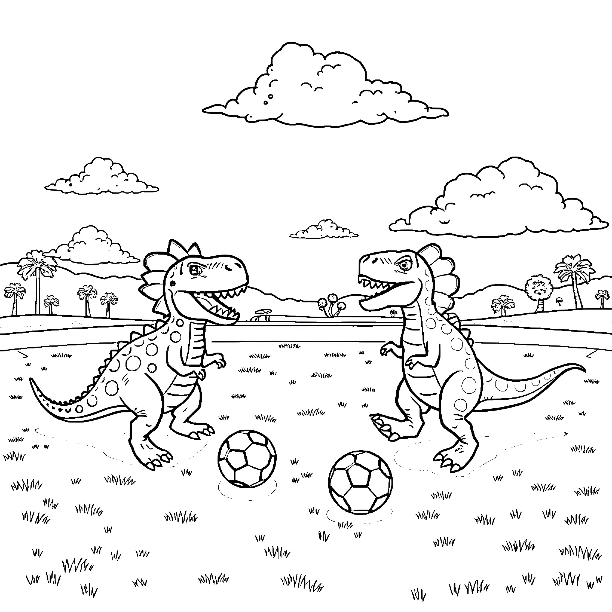 Dinosaurs Playing Soccer in Scenic Landscape Coloring Page (free black-and-white line drawing printable PDF for all, from beginners to advanced learners, including children, teens, adults, and seniors)