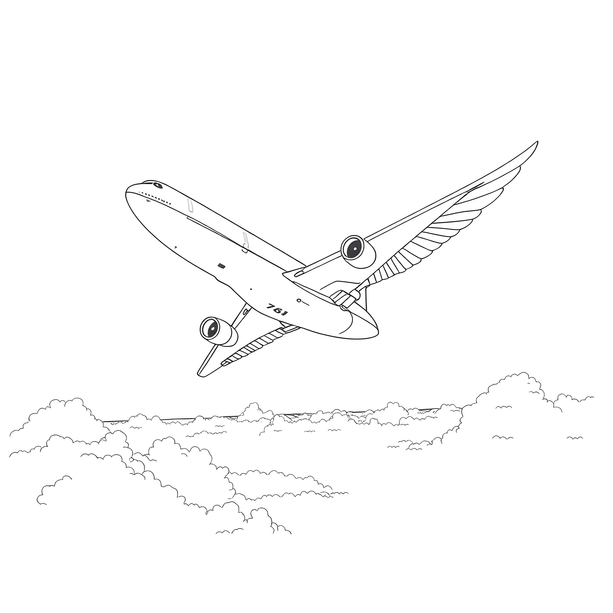 Airliner soaring above the clouds Coloring Page (free black-and-white line drawing printable PDF for all, from beginners to advanced learners, including children, teens, adults, and seniors)