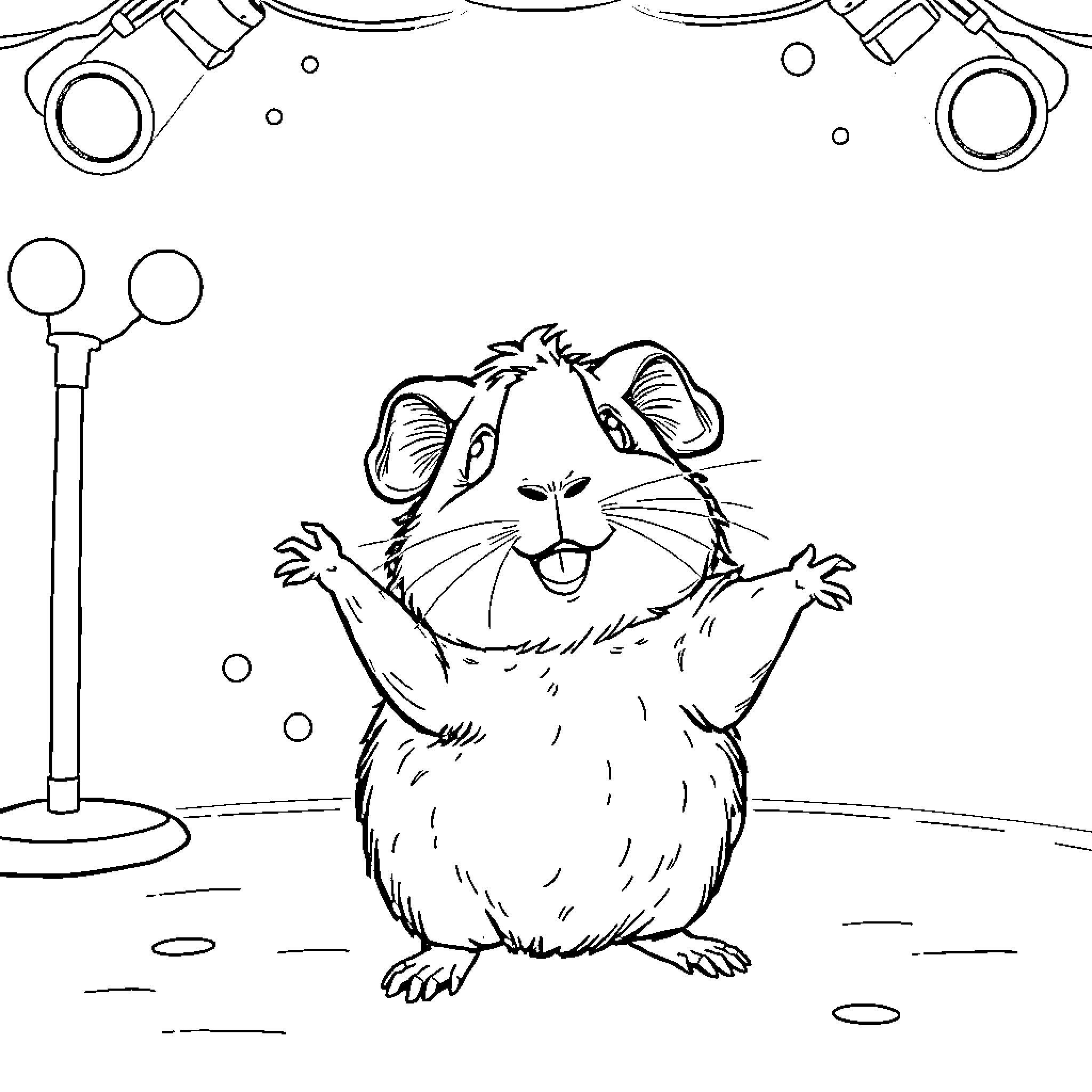 Guinea Pig Excited in the Spotlight Coloring Page (free black-and-white line drawing printable PDF for all, from beginners to advanced learners, including children, teens, adults, and seniors)