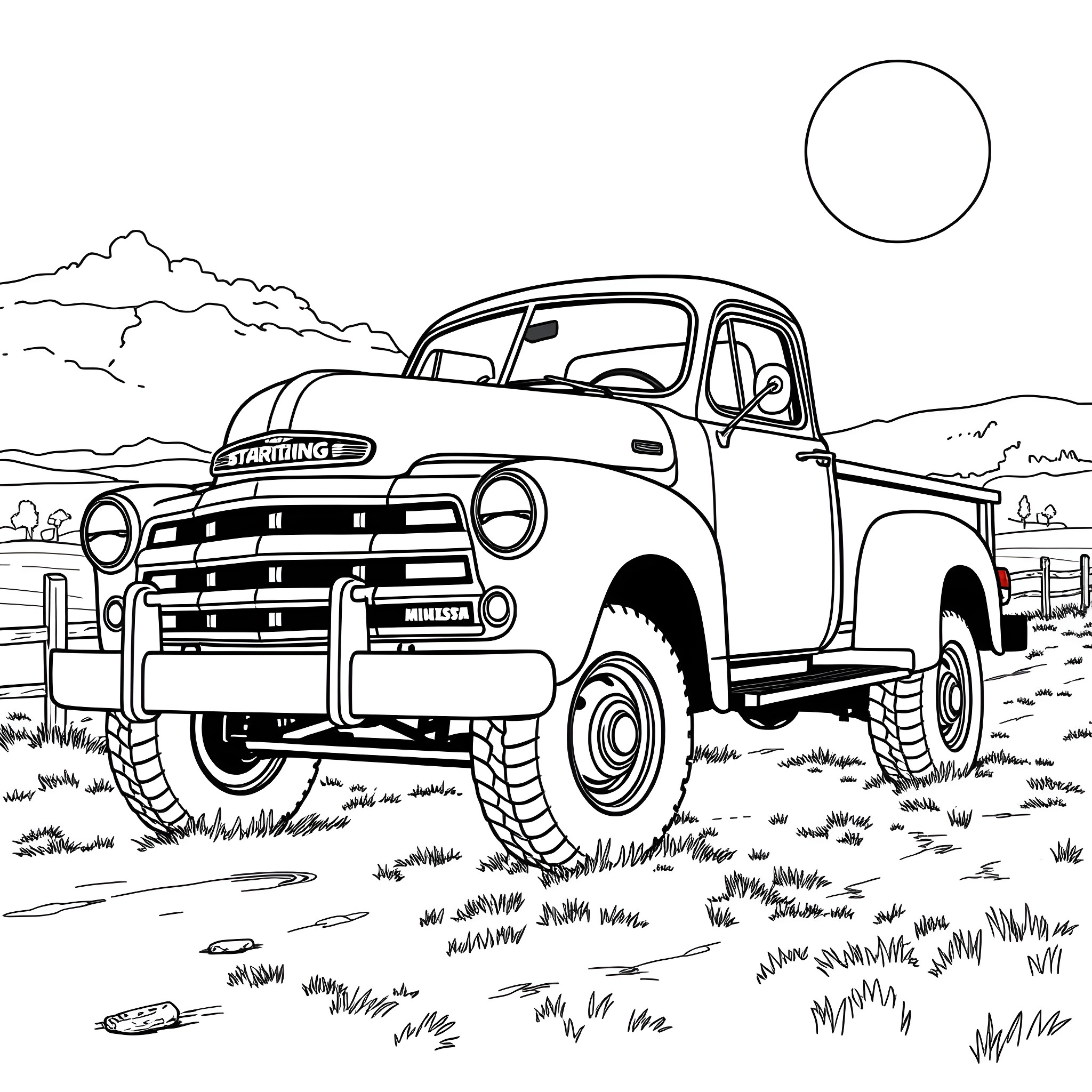 Truck in desert landscape Coloring Page (free black-and-white line drawing printable PDF for all, from beginners to advanced learners, including children, teens, adults, and seniors)