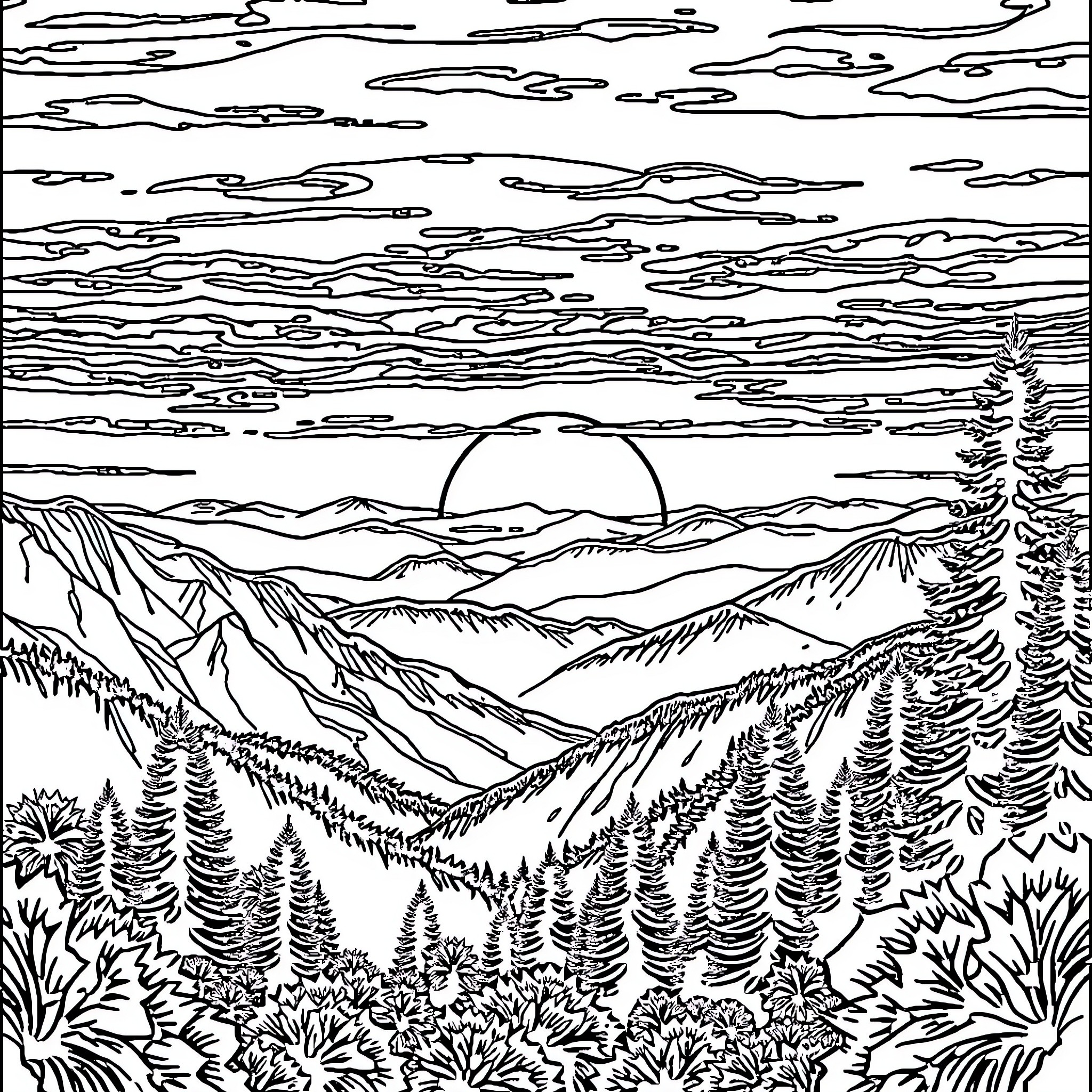 Photo of a mountainous landscape with a cloudy sky Coloring Page (free black-and-white line drawing printable PDF for all, from beginners to advanced learners, including children, teens, adults, and seniors)