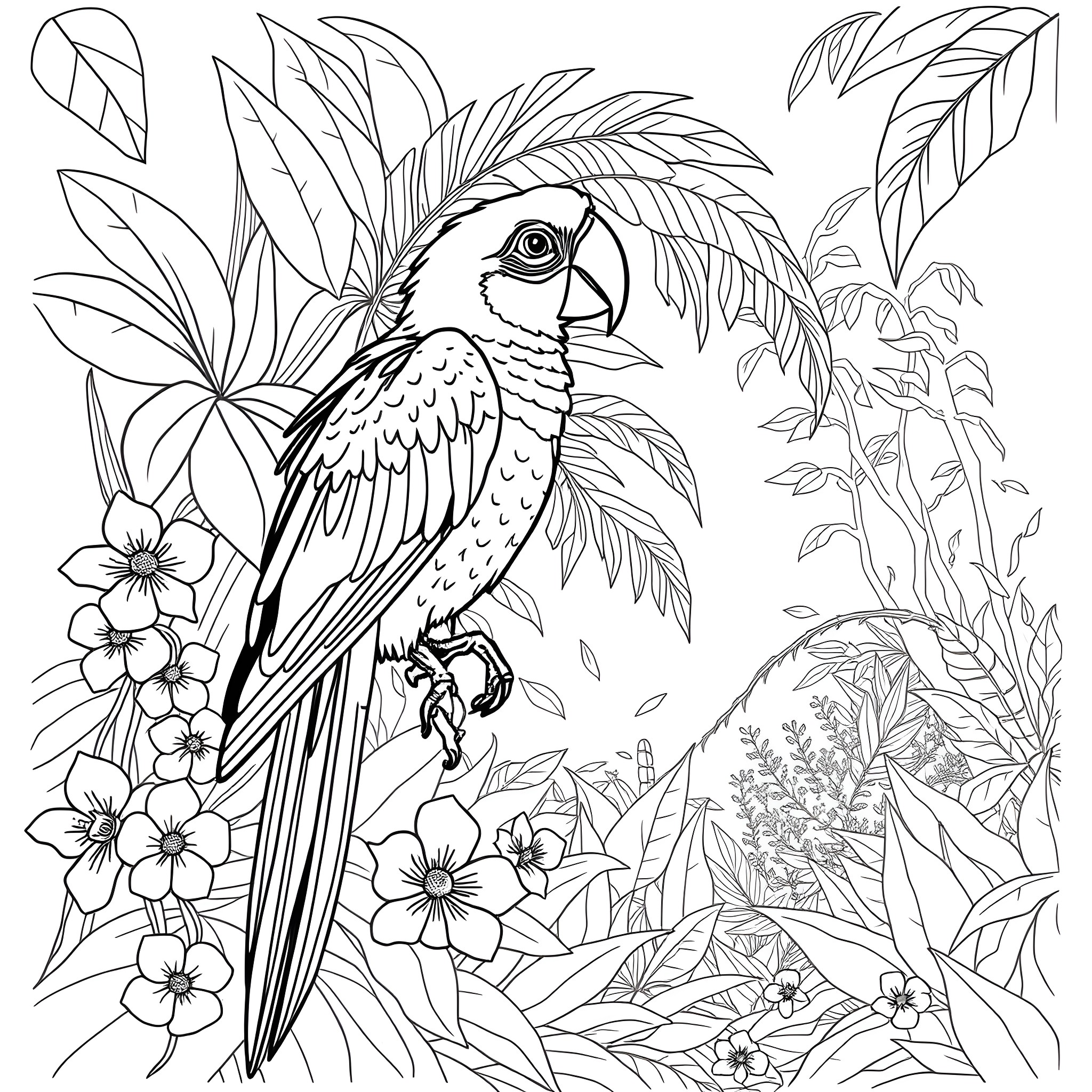 Parrot perched among tropical foliage Coloring Page (free black-and-white line drawing printable PDF for all, from beginners to advanced learners, including children, teens, adults, and seniors)