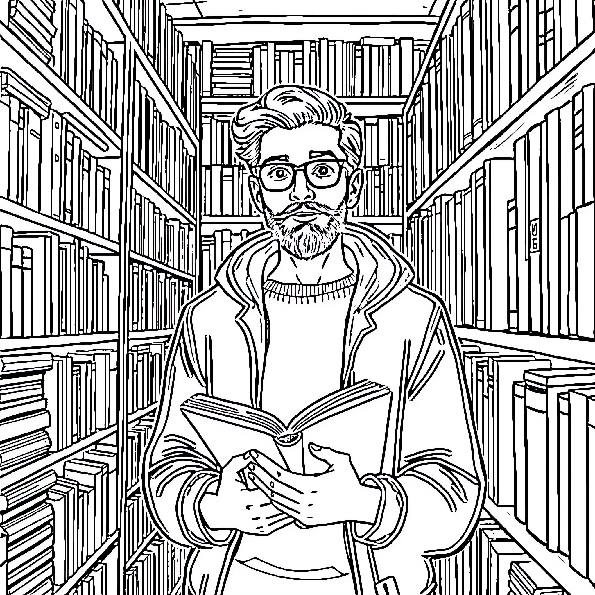 Book Lover in a Cozy Library Coloring Page (free black-and-white line drawing printable PDF for all, from beginners to advanced learners, including children, teens, adults, and seniors)