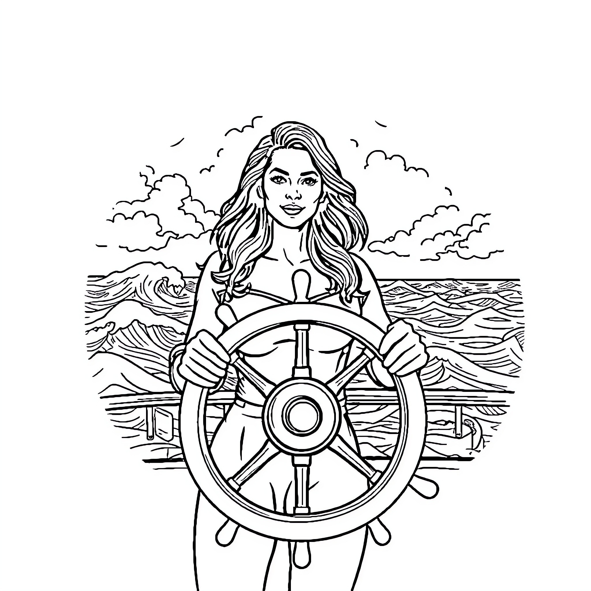 Woman steering a ship on the open sea Coloring Page (free black-and-white line drawing printable PDF for all, from beginners to advanced learners, including children, teens, adults, and seniors)