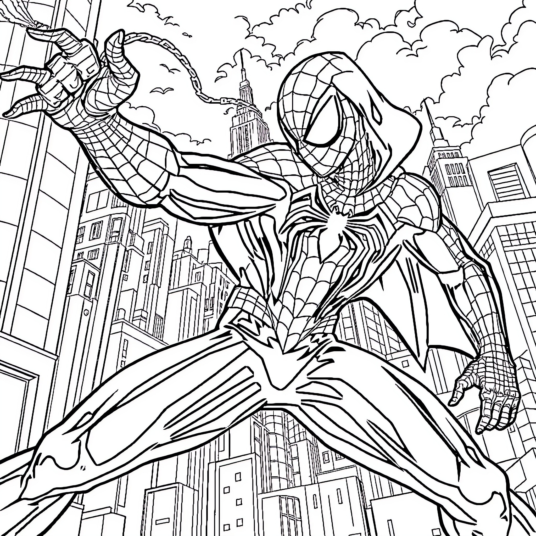 Spider-Man swinging through the city skyline Coloring Page (free black-and-white line drawing printable PDF for all, from beginners to advanced learners, including children, teens, adults, and seniors)