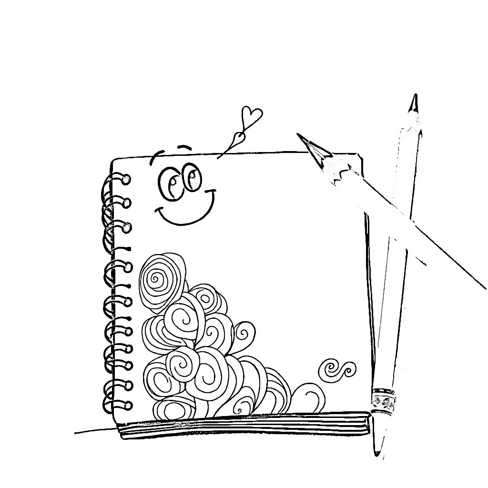 Notebook with whimsical doodles and drawings Coloring Page (free black-and-white line drawing printable PDF for all, from beginners to advanced learners, including children, teens, adults, and seniors)