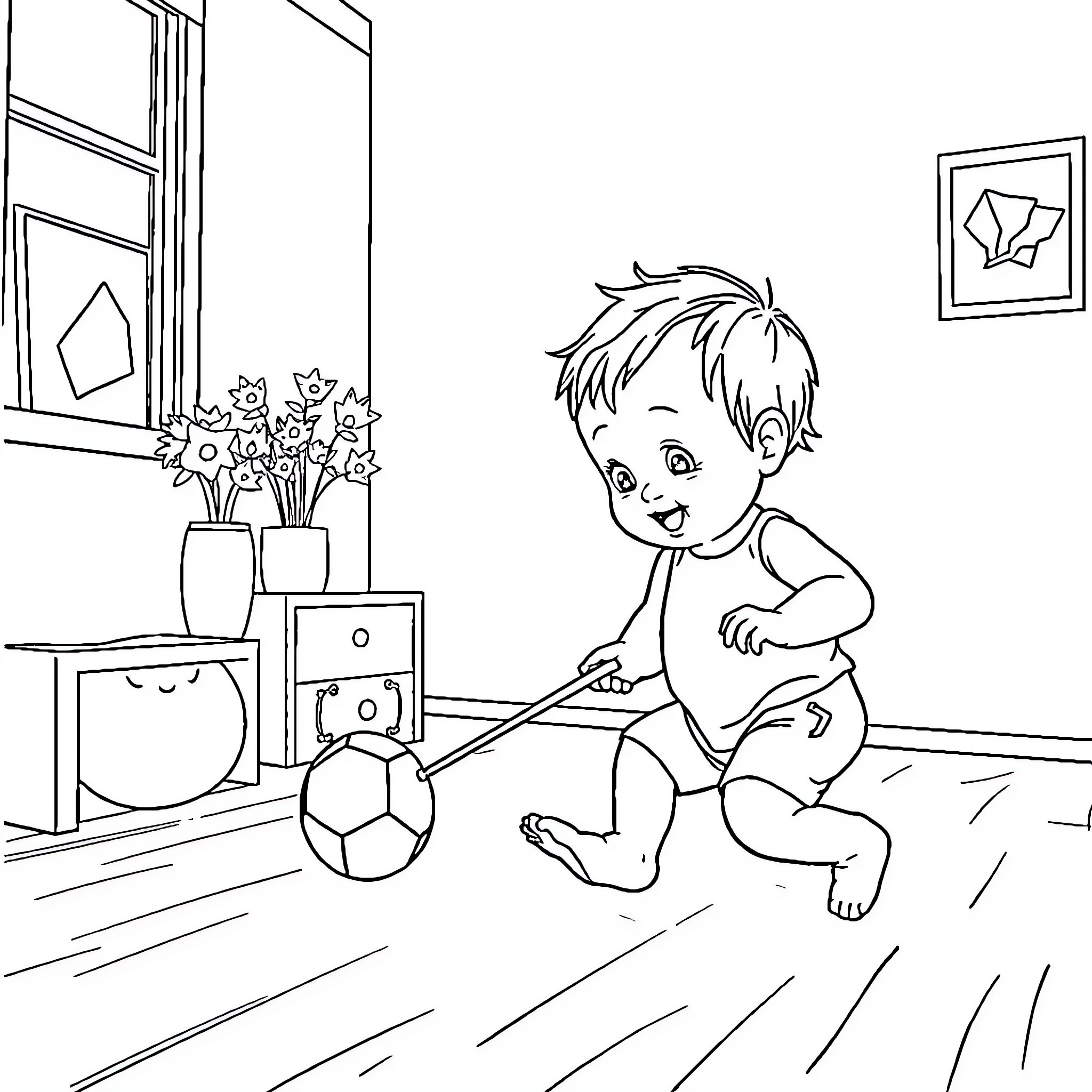 Baby playing with soccer ball in bedroom Coloring Page (free black-and-white line drawing printable PDF for all, from beginners to advanced learners, including children, teens, adults, and seniors)