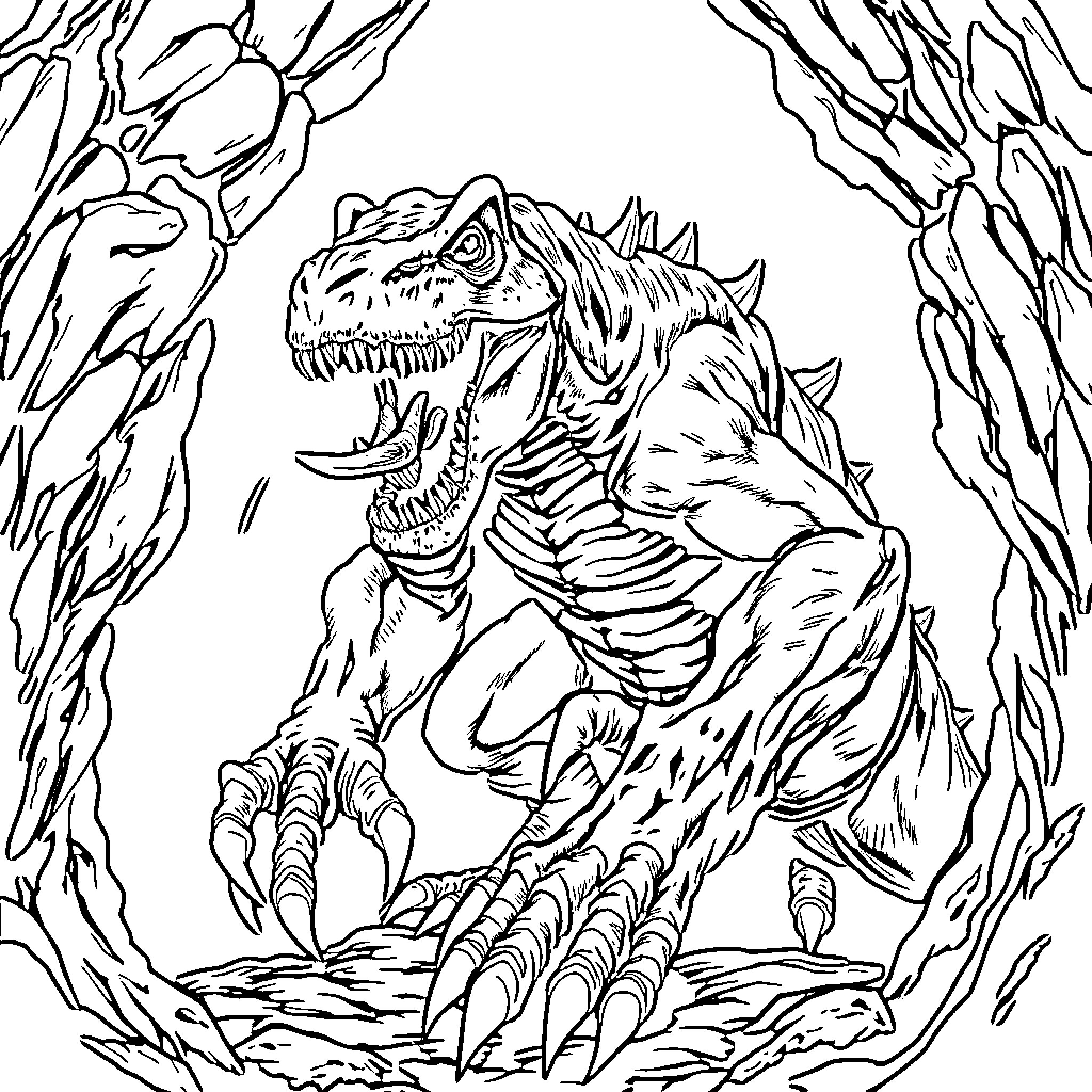 Distortus Rex: Ferocious Dinosaur Emerges Coloring Page (free black-and-white line drawing printable PDF for all, from beginners to advanced learners, including children, teens, adults, and seniors)