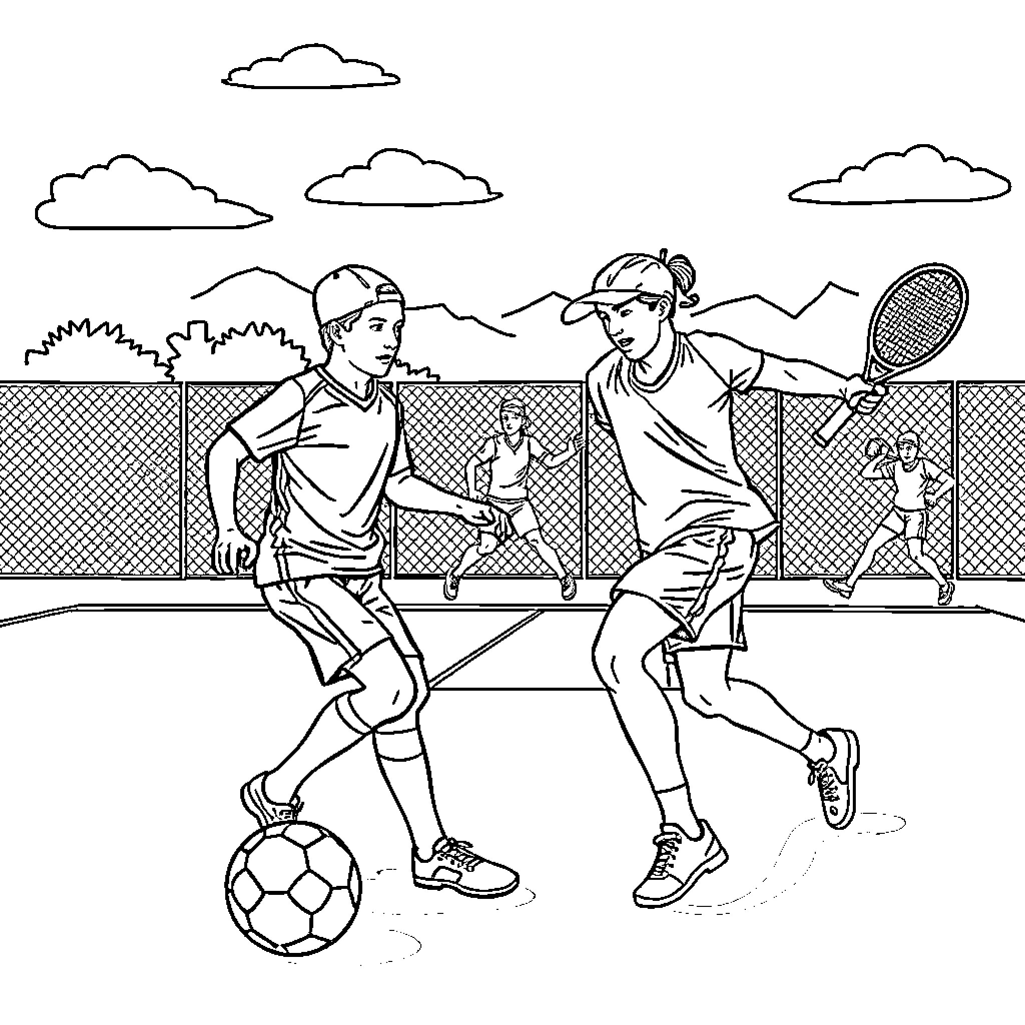 Sport players competing on outdoor courts Coloring Page (free black-and-white line drawing printable PDF for all, from beginners to advanced learners, including children, teens, adults, and seniors)