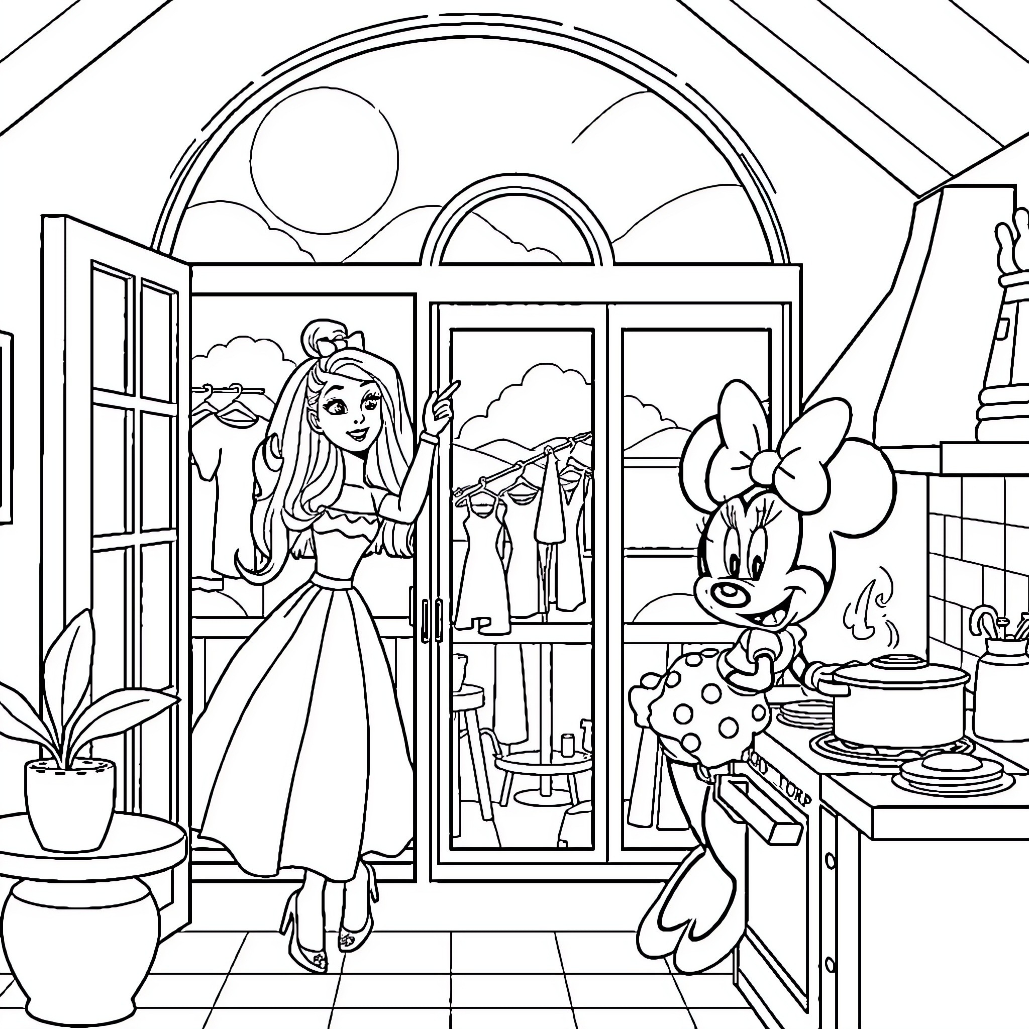 Barbie's Bedroom Adventure with Minnie Mouse Coloring Page (free black-and-white line drawing printable PDF for all, from beginners to advanced learners, including children, teens, adults, and seniors)