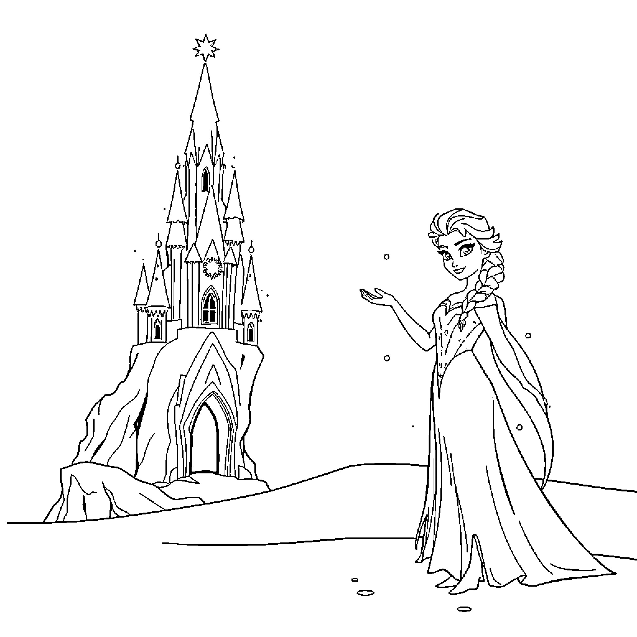 Elsa in her Magical Ice Castle Coloring Page (free black-and-white line drawing printable PDF for all, from beginners to advanced learners, including children, teens, adults, and seniors)
