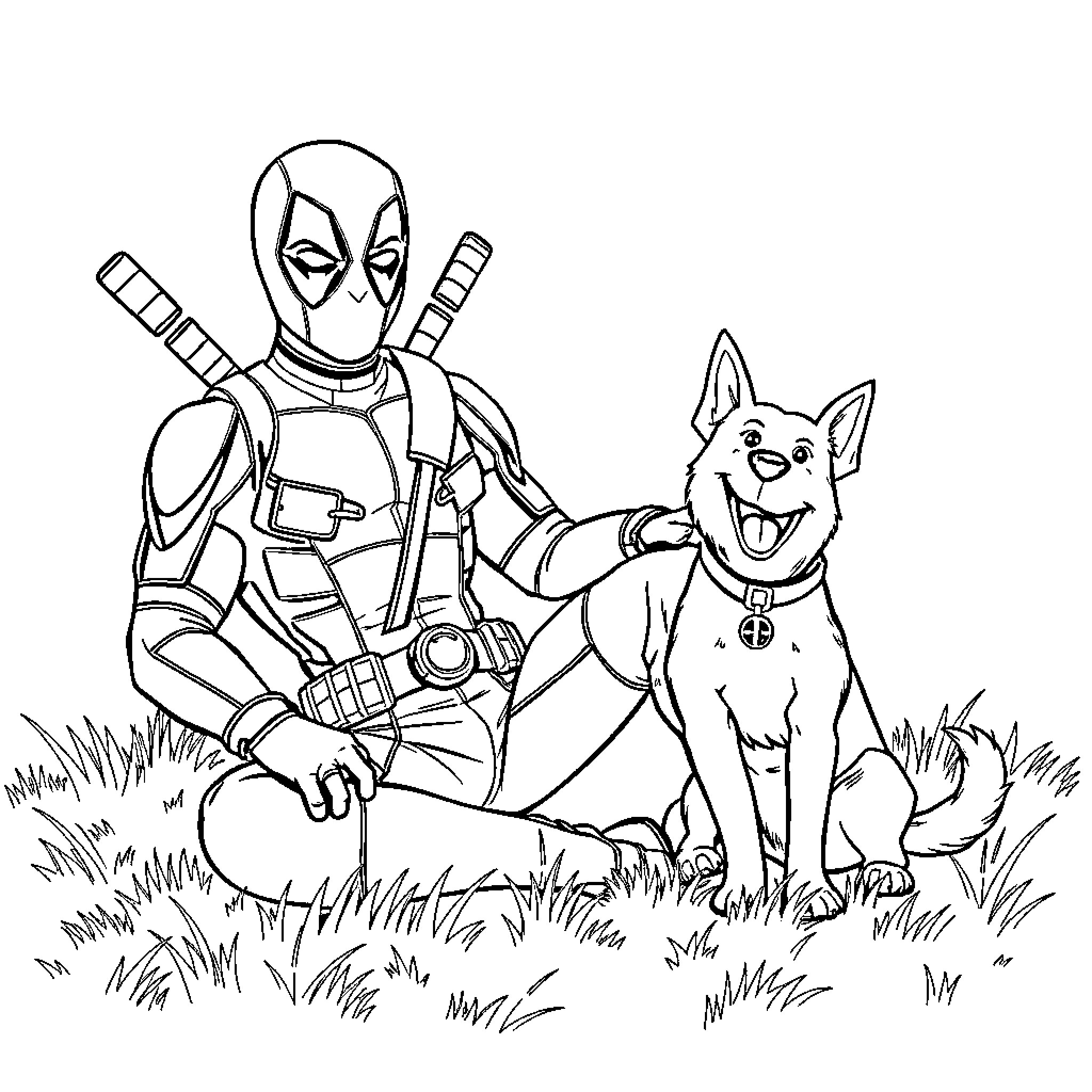 Deadpool and his Canine Companion Coloring Page (free black-and-white line drawing printable PDF for all, from beginners to advanced learners, including children, teens, adults, and seniors)