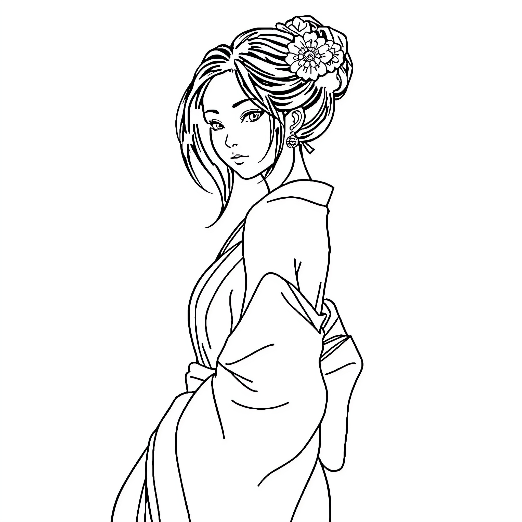 Woman with floral headdress in contemplative pose Coloring Page (free black-and-white line drawing printable PDF for all, from beginners to advanced learners, including children, teens, adults, and seniors)