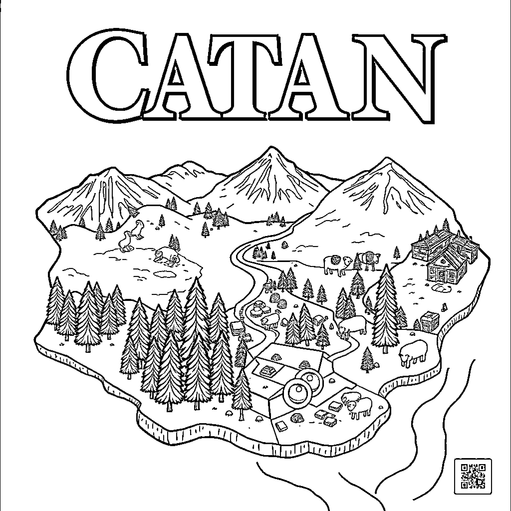 Catan map with mountains, forests, and settlements Coloring Page (free black-and-white line drawing printable PDF for all, from beginners to advanced learners, including children, teens, adults, and seniors)