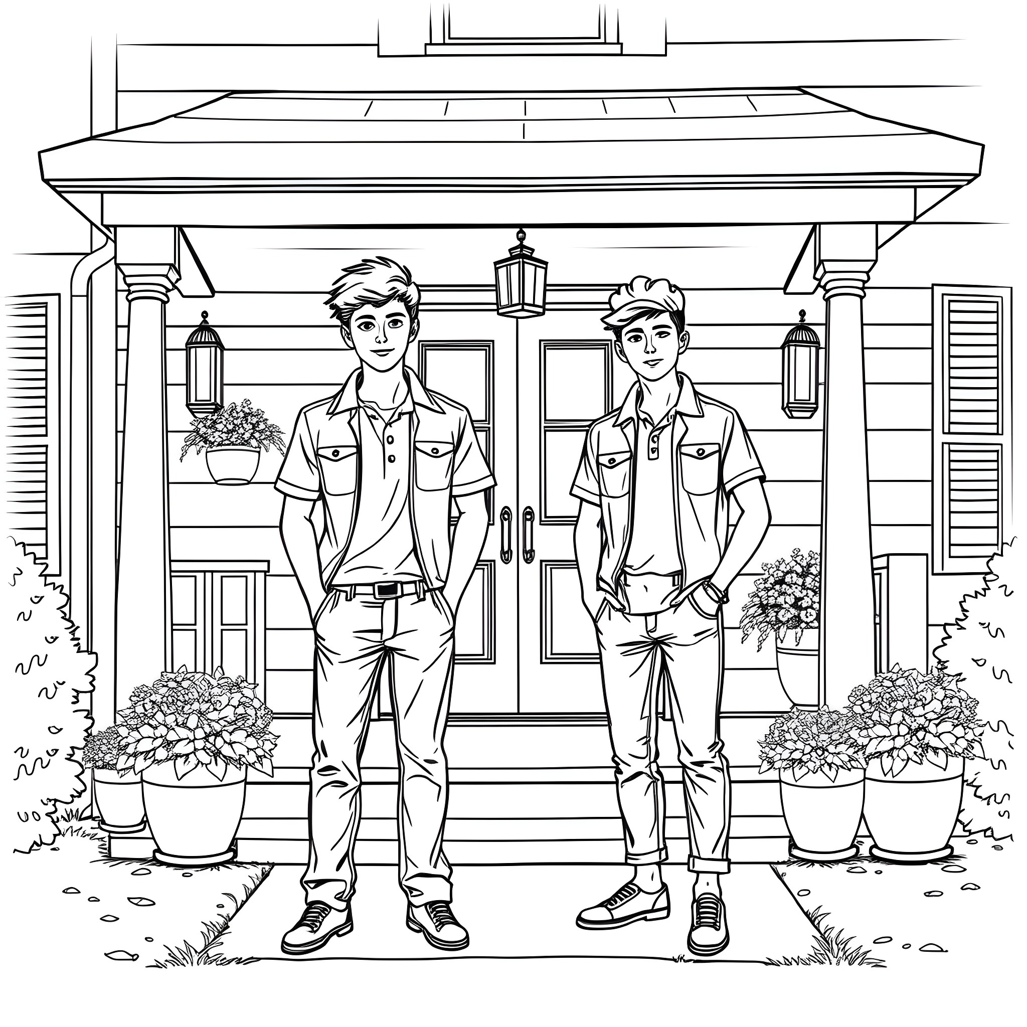 Teen Guys Standing in Front of House Coloring Page (free black-and-white line drawing printable PDF for all, from beginners to advanced learners, including children, teens, adults, and seniors)